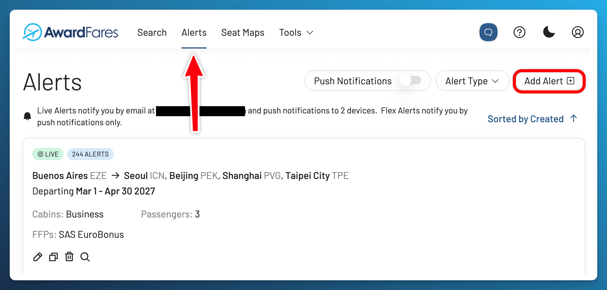 AwardFares editor for creating a Live or Flex Alert