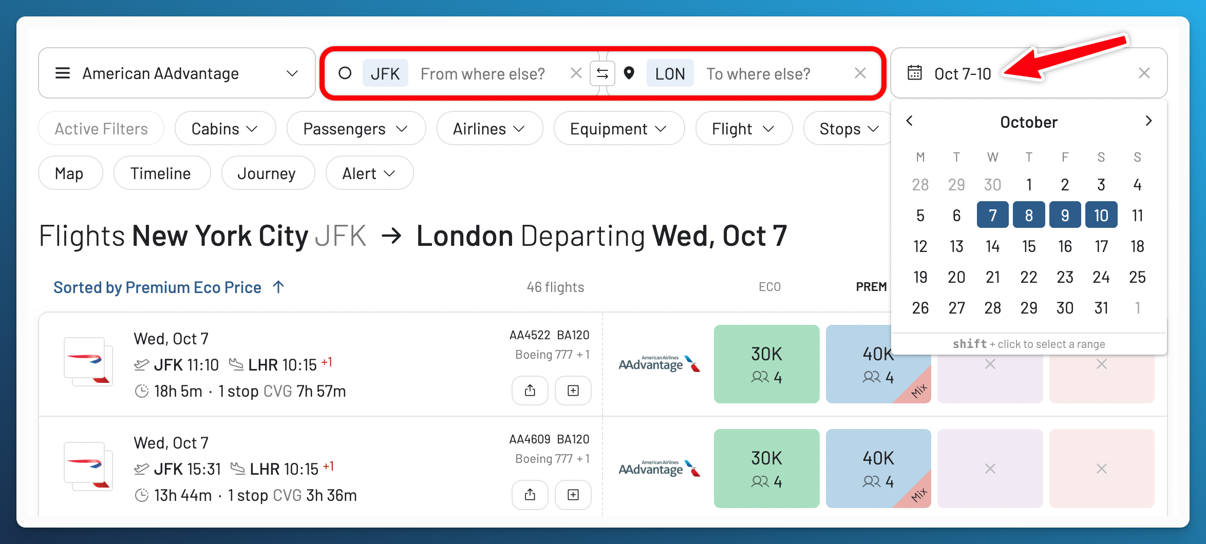 AwardFares search results with award prices and availability