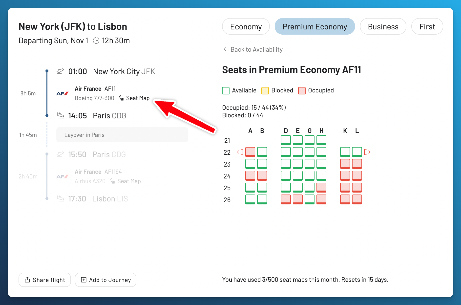 A flight seat map in AwardFares