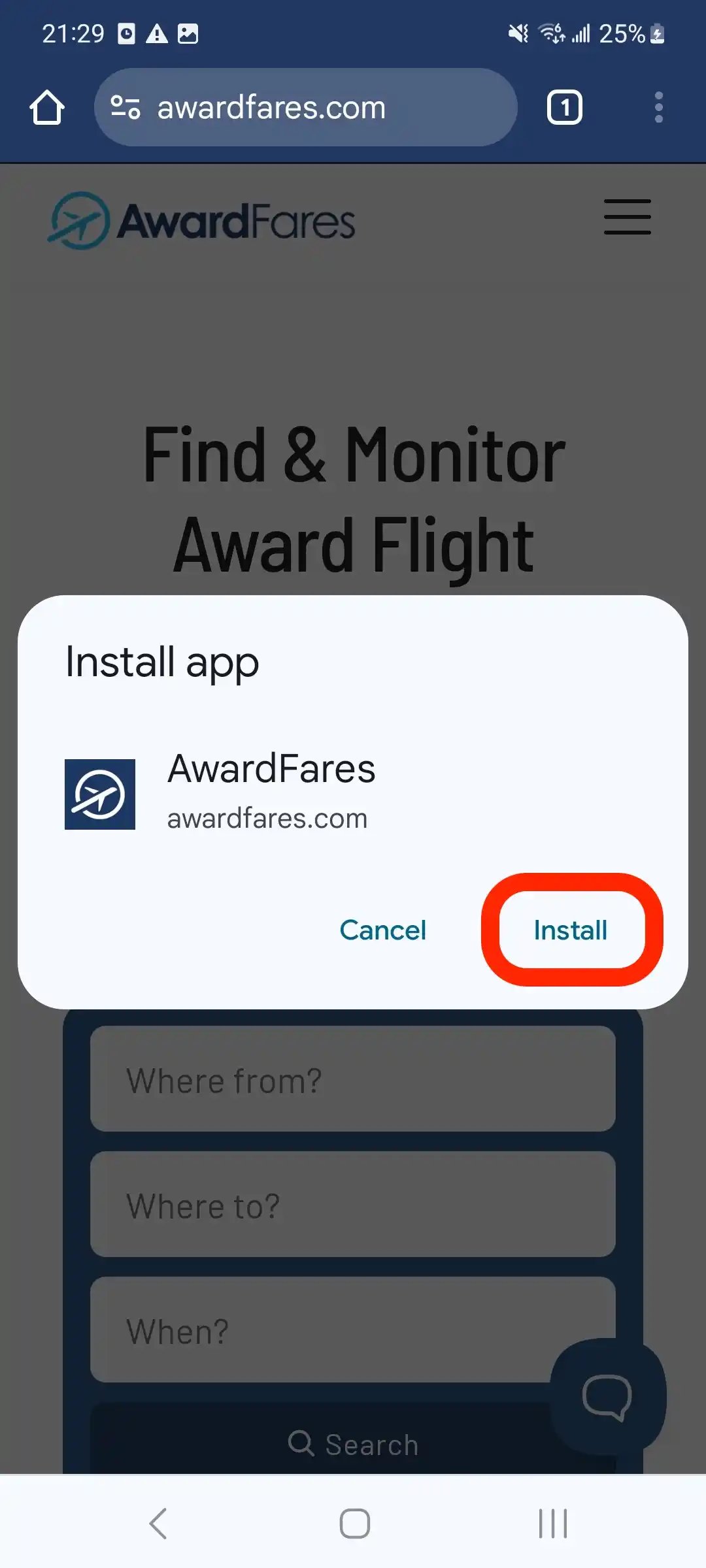 Instalar AwardFares en iPhone (Paso 1).