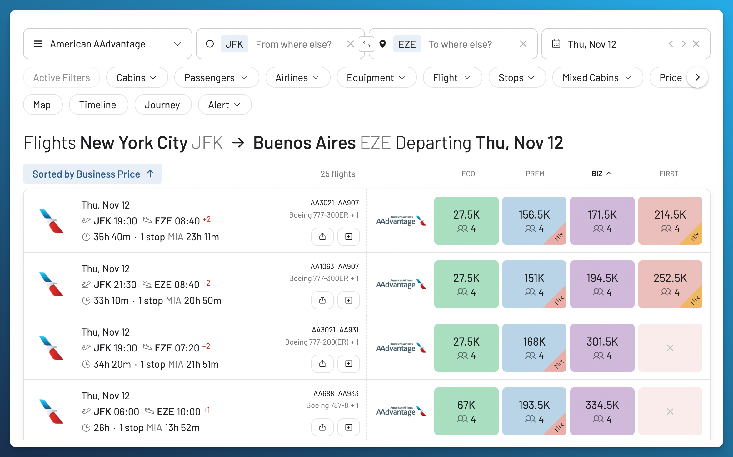AwardFares results from JFK to EZE on November 12, sorted by Business Class mileage price, with flight numbers, layovers, and reported seat counts