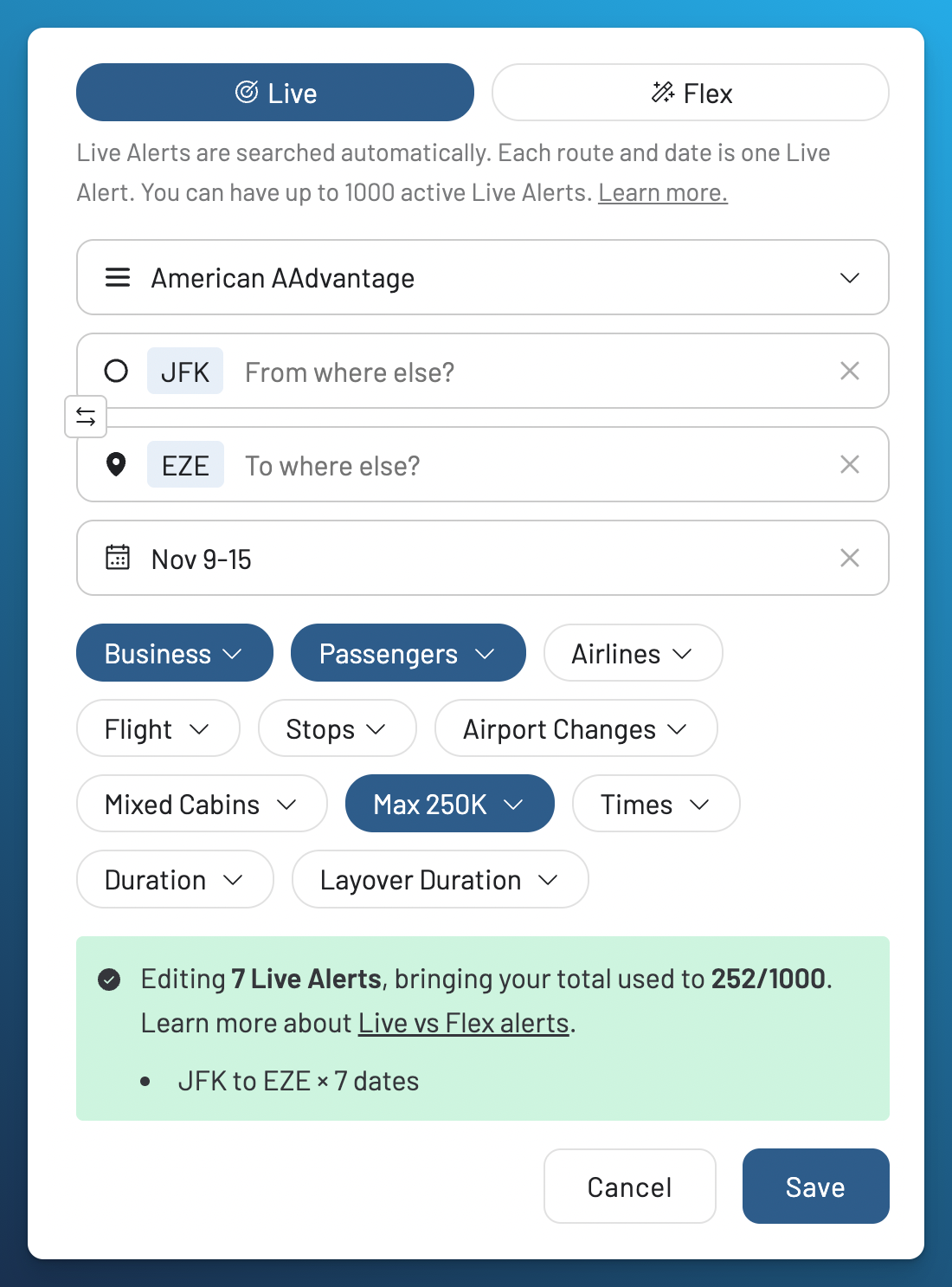 AwardFares editing seven Live Alerts from JFK to EZE for November 9 through 15, with Business Class selected and a maximum price of 250,000 miles