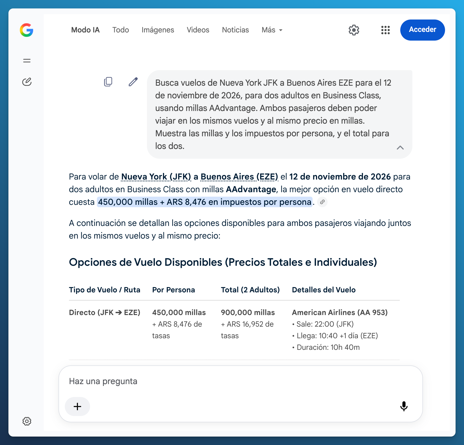 Consulta en español al Modo IA de Google para dos adultos de JFK a EZE el 12 de noviembre de 2026, con el vuelo sin escalas a 450 000 millas por persona
