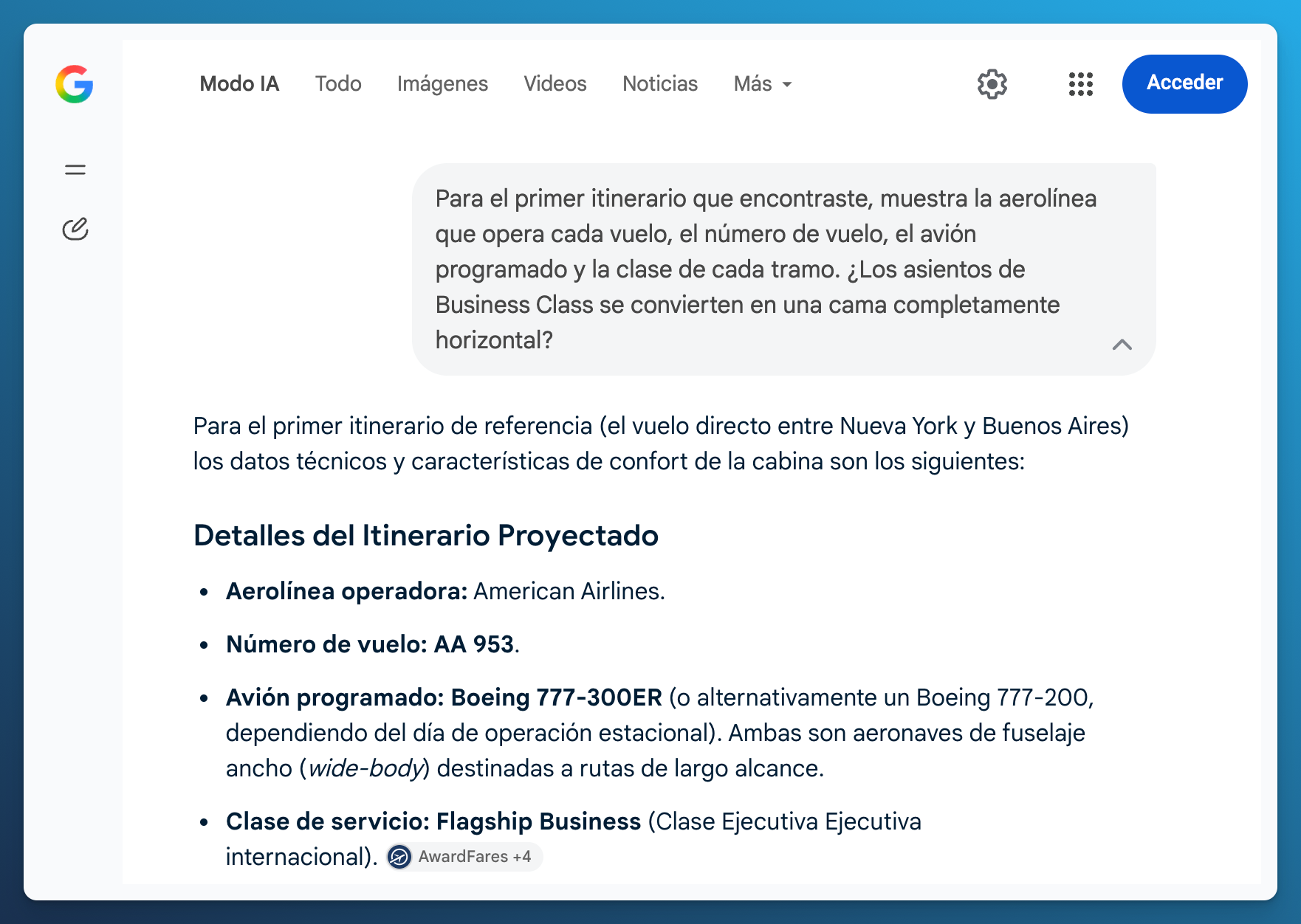 Google describe el AA953 de American con Flagship Business y menciona un Boeing 777-300ER o un 777-200 como alternativa