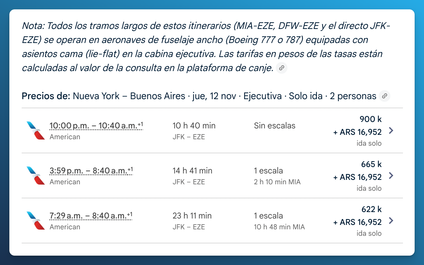 Resultados de Google para dos personas con 900 000, 665 000 y 622 000 millas y ARS 16 952 de impuestos