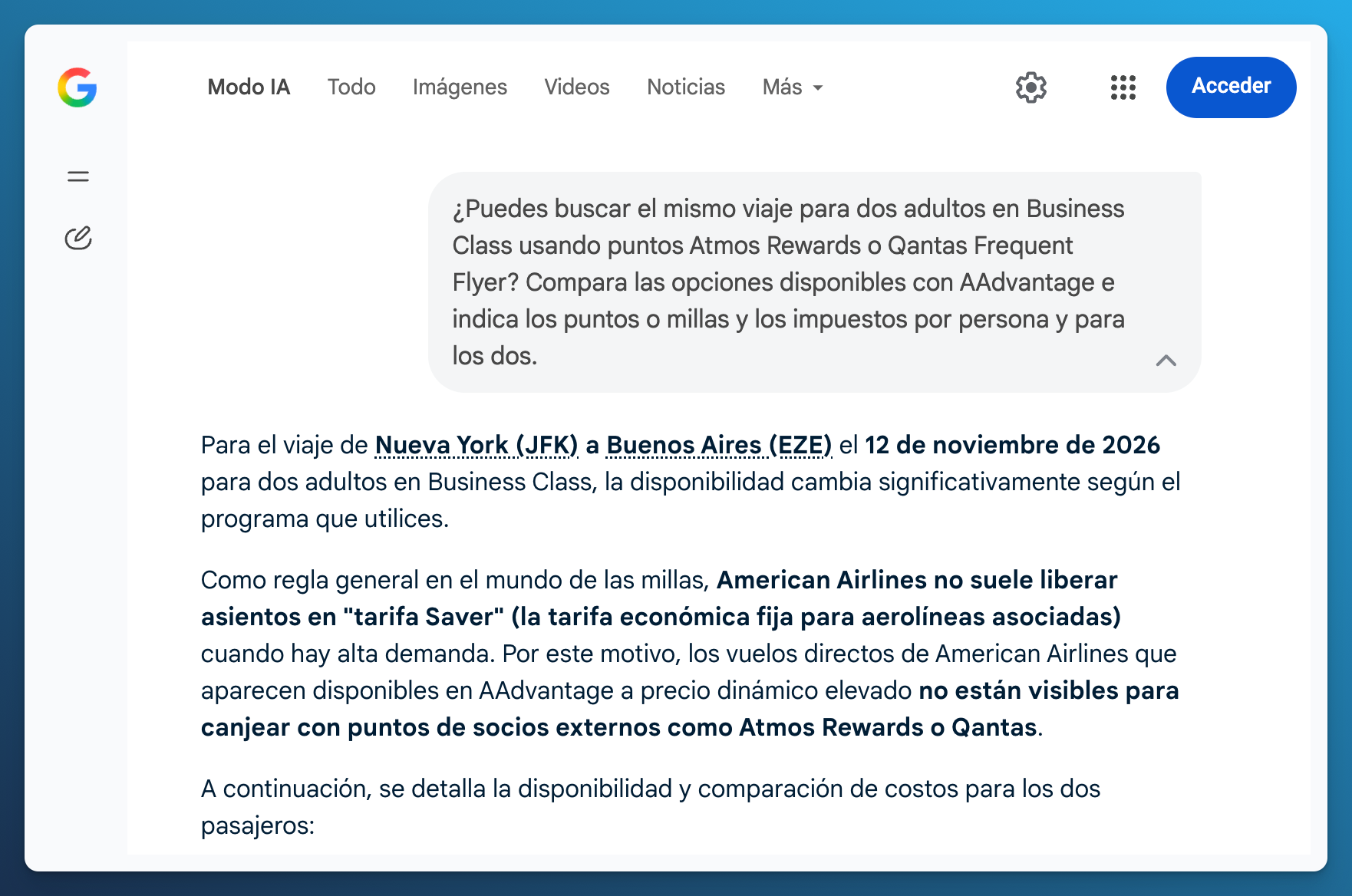 Consulta en español para comparar AAdvantage, Atmos Rewards y Qantas, seguida de una explicación de Google sobre disponibilidad para socios