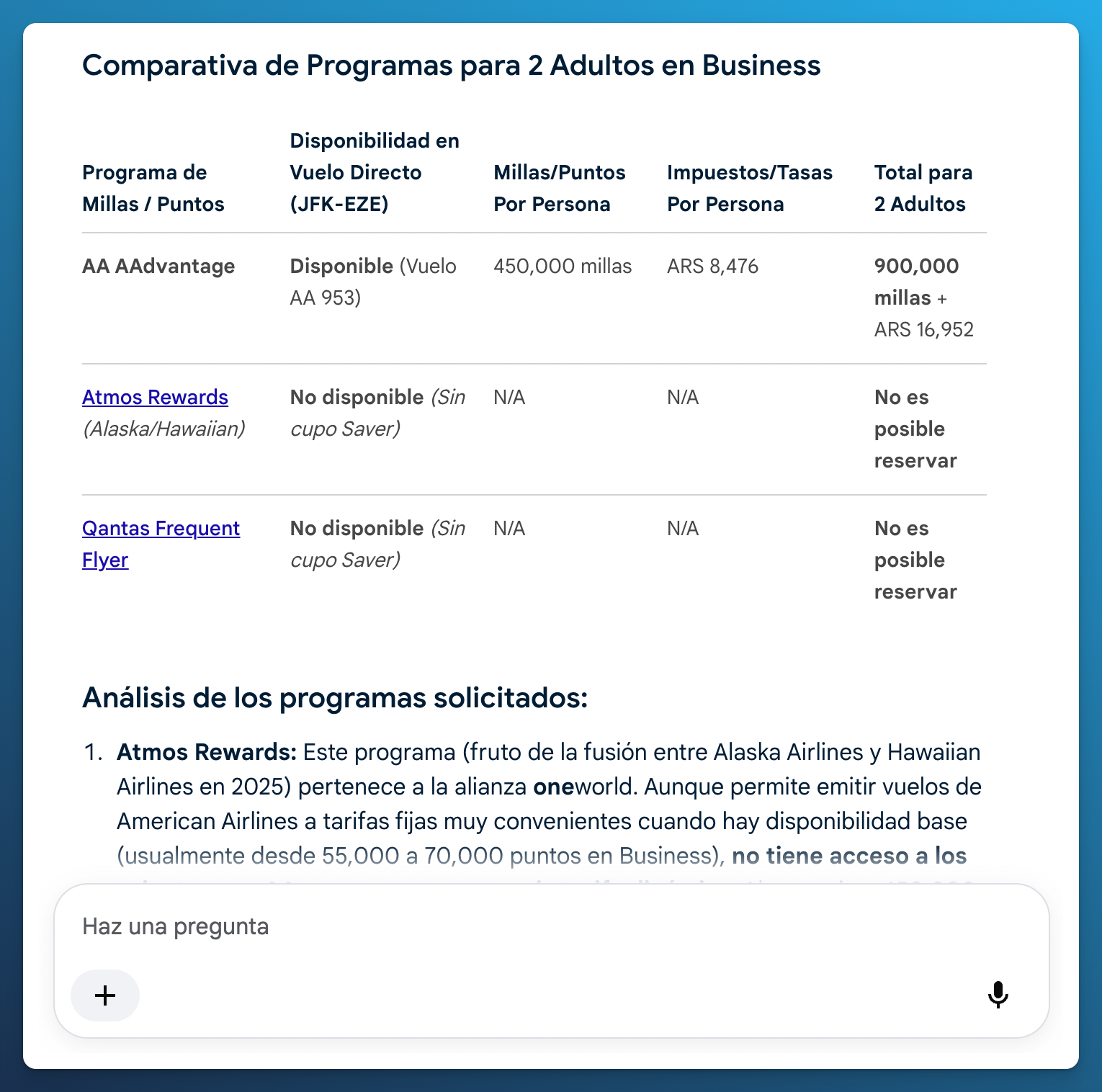 Tabla de Google que marca el AA953 como disponible con AAdvantage y no disponible con Atmos Rewards ni Qantas