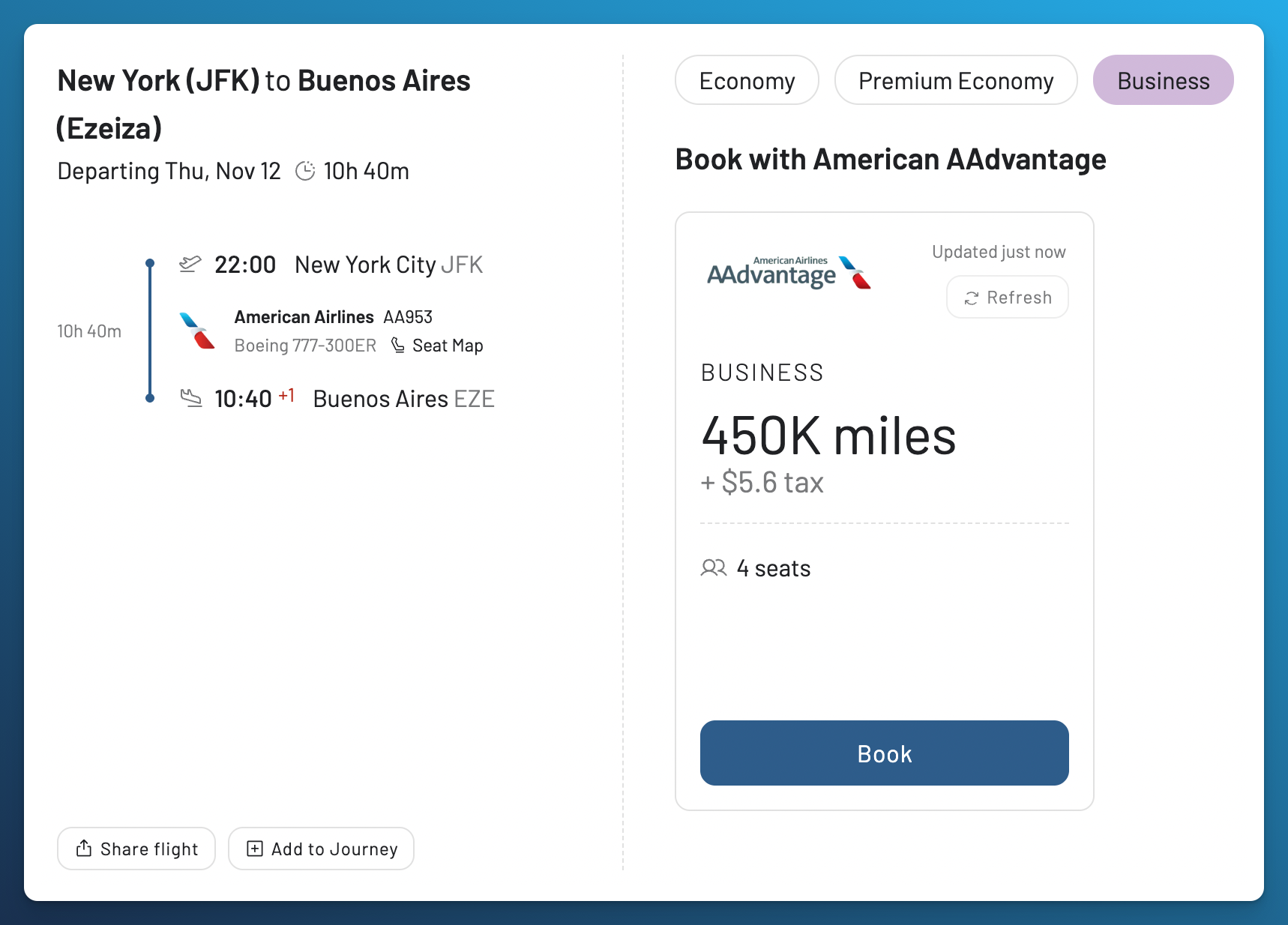 AwardFares Flight Details for nonstop AA953 from JFK to EZE on November 12, showing Business Class at 450,000 miles plus $5.60 tax, four reported seats, aircraft, and update status