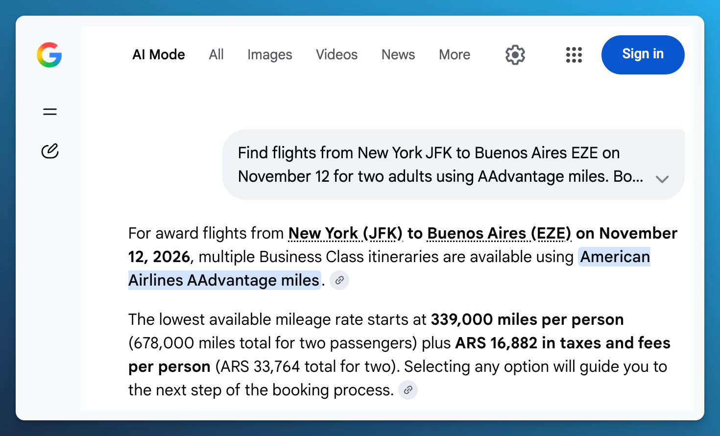 Google AI Mode response to a JFK to EZE award search for two adults, quoting 339,000 AAdvantage miles per person as the lowest price
