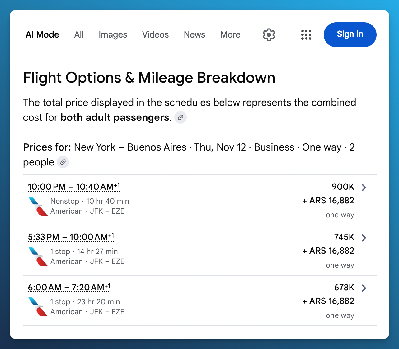 Google AI Mode showing one nonstop and two connecting award options from New York to Buenos Aires for November 12