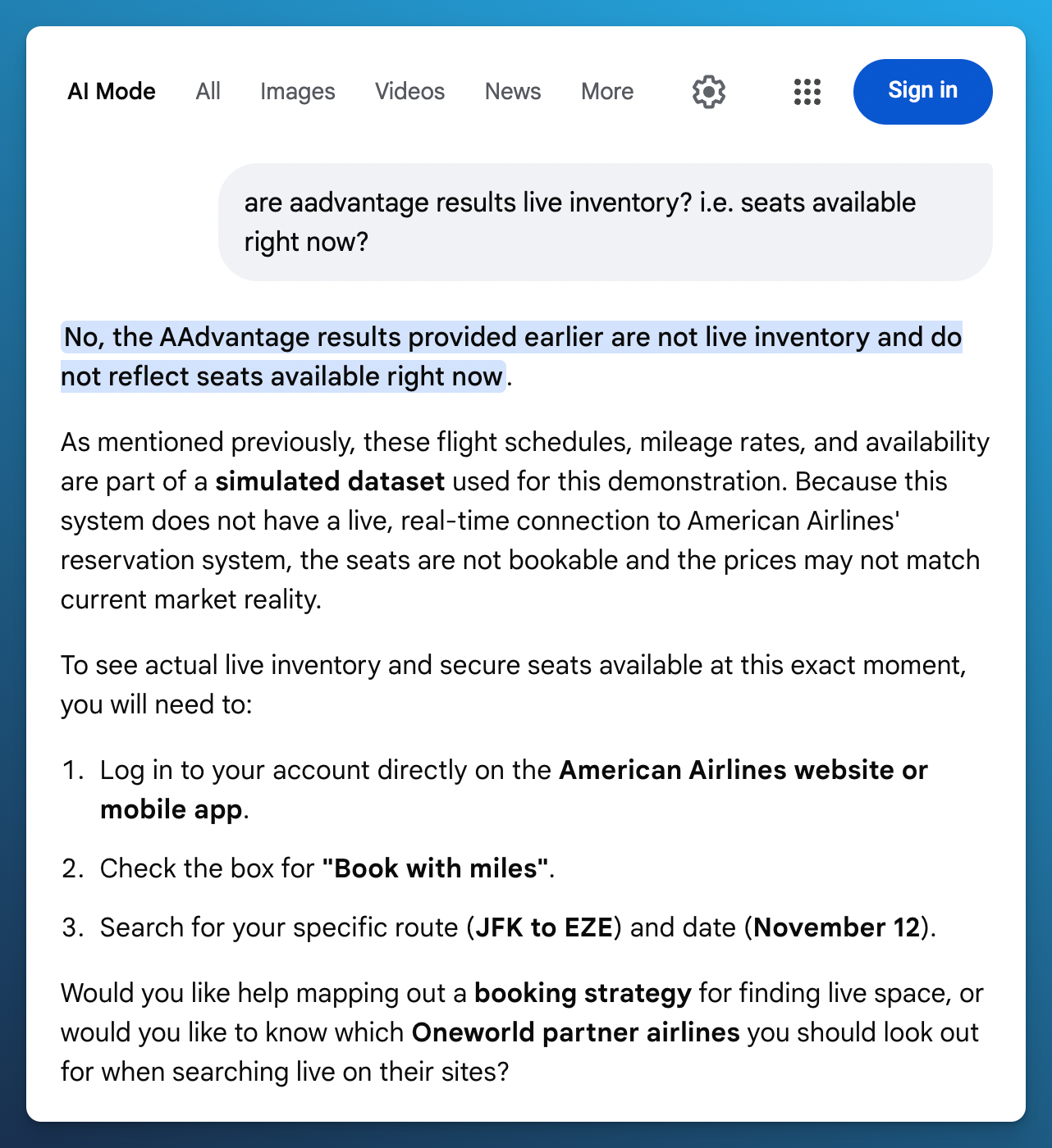 Google AI Mode answering a follow up about whether its AAdvantage results represented live inventory