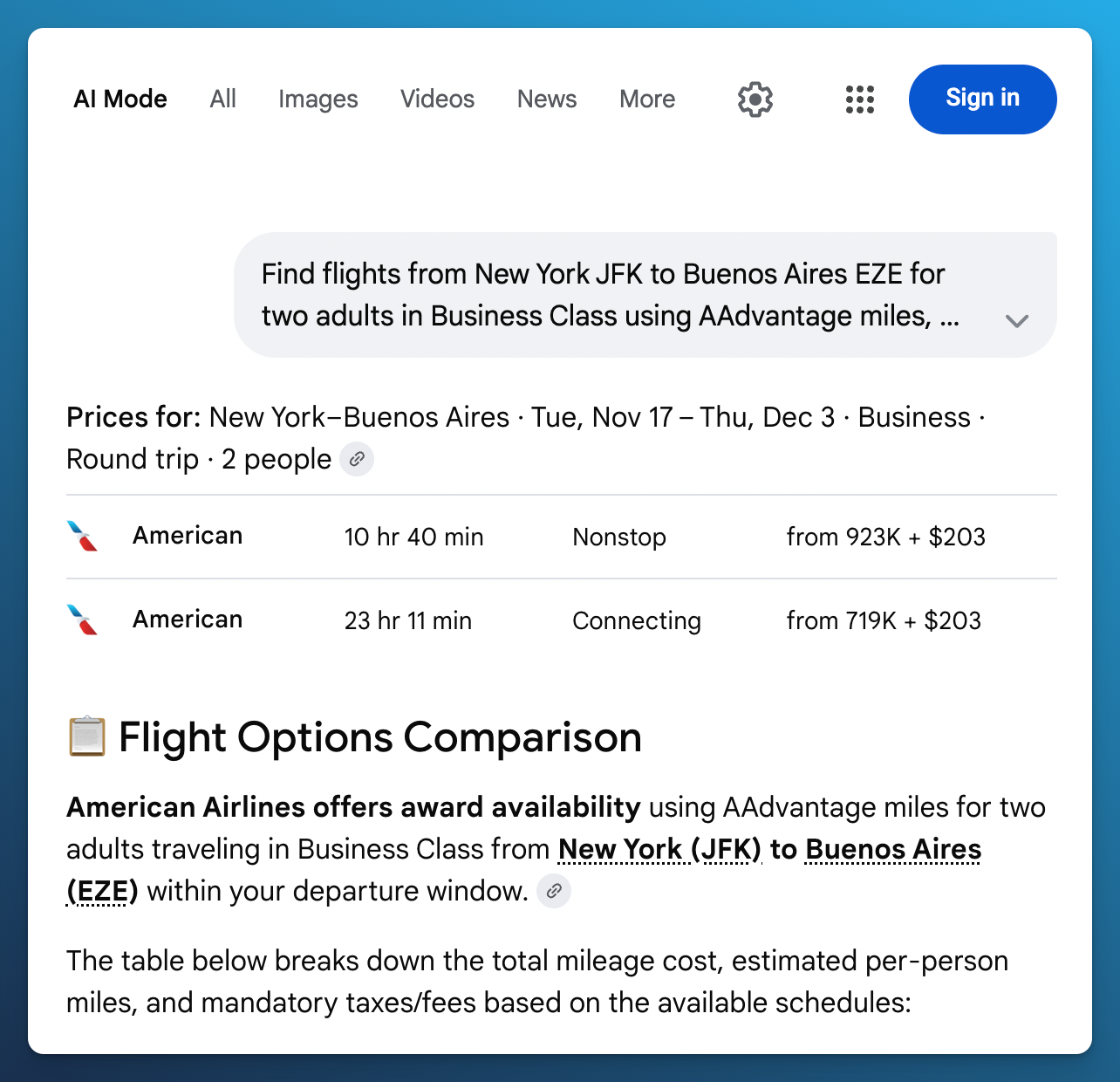 Google AI Mode displaying a round trip from November 17 to December 3 after a request about flexible departure dates