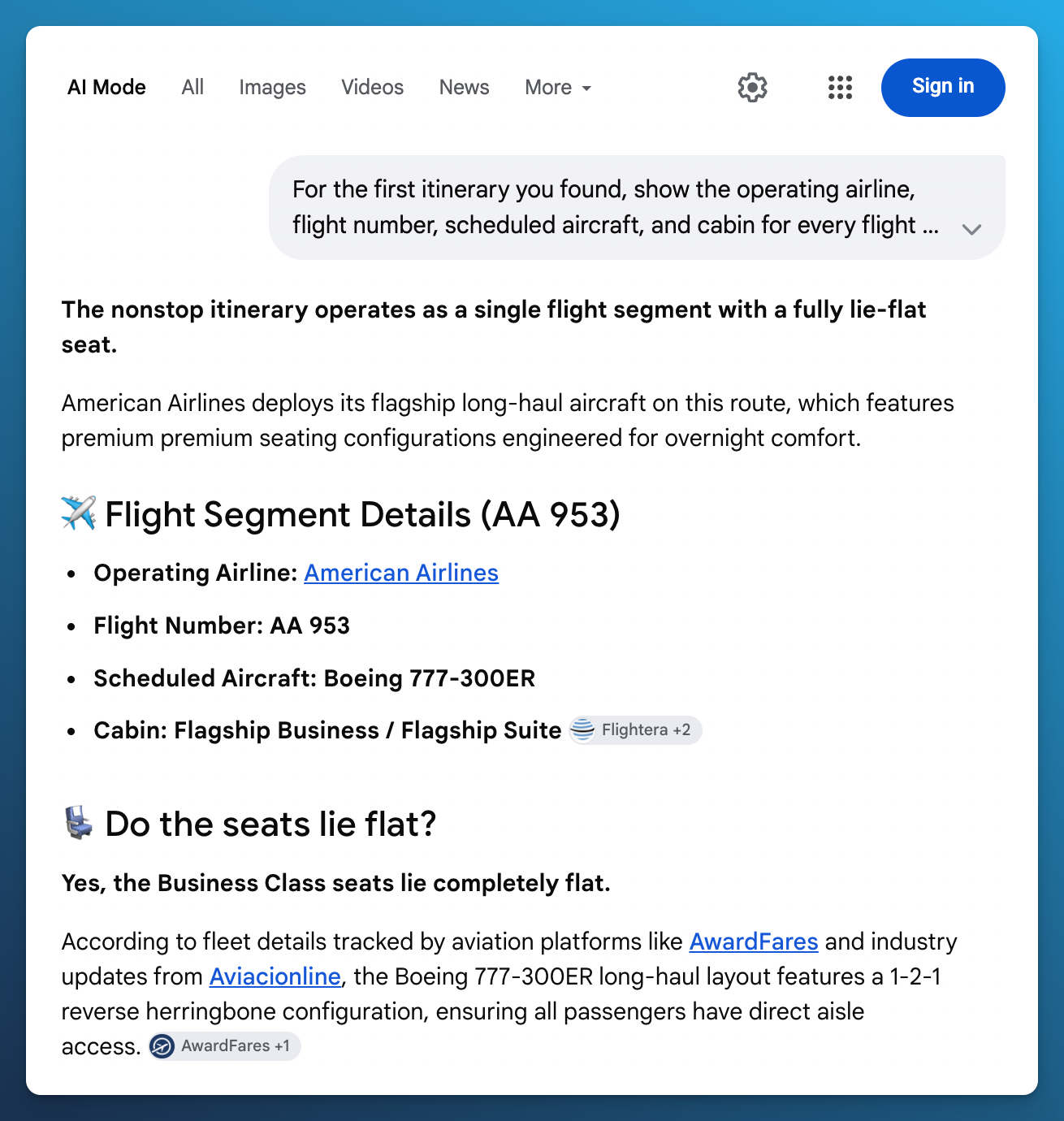 Google AI Mode describing the aircraft and Business Class seat for AA953, with AwardFares among its linked sources