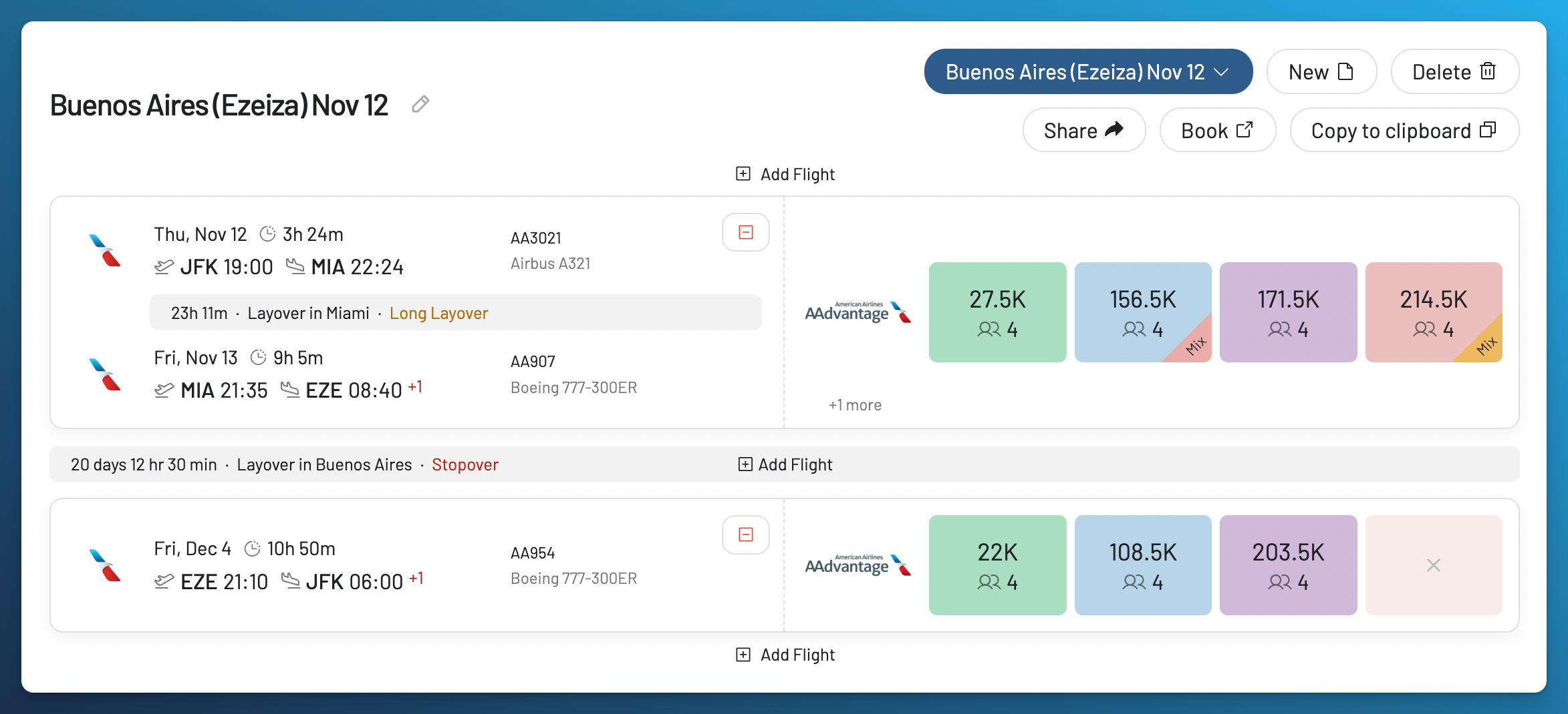 AwardFares Journey Planner showing AA3021 and AA907 via Miami departing November 12, a long layover, and nonstop AA954 returning from EZE on December 4