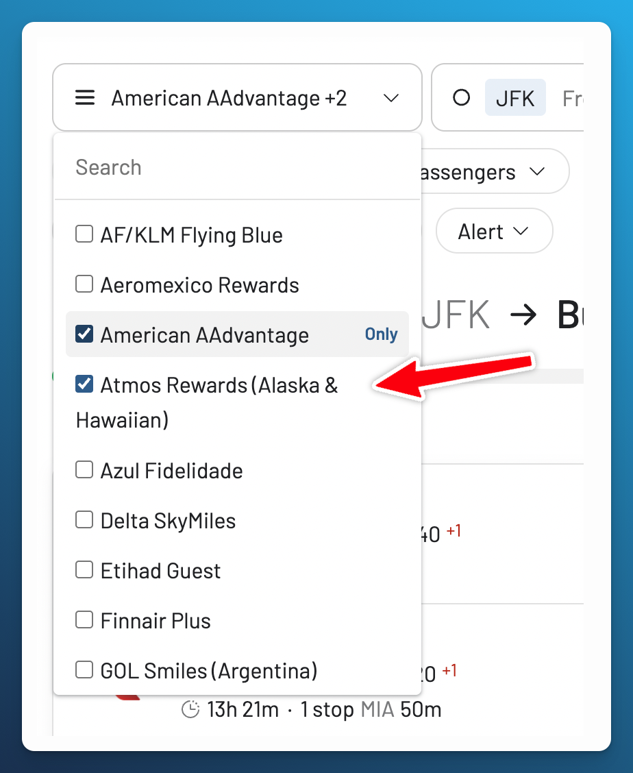 AwardFares program selector with AAdvantage and Atmos Rewards selected