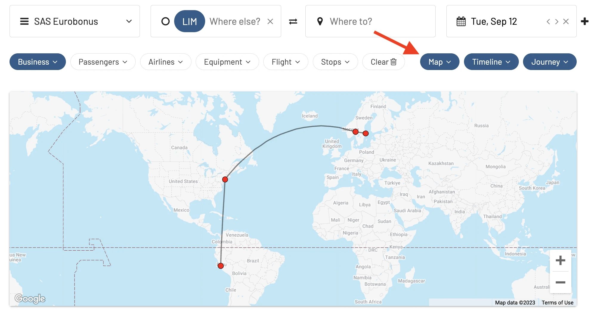 AwardFares Journey Planner Map View