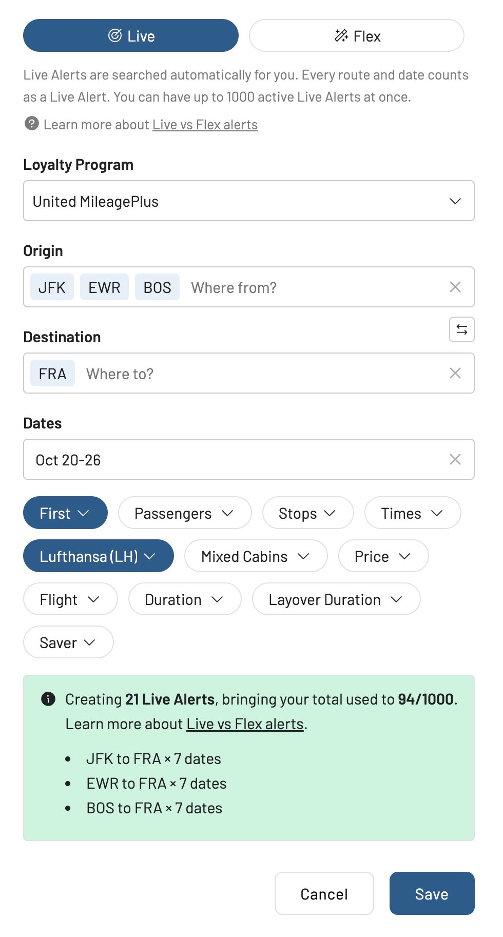 Setting a Live Alert on AwardFares to snag a rare Lufthansa First Class seat.