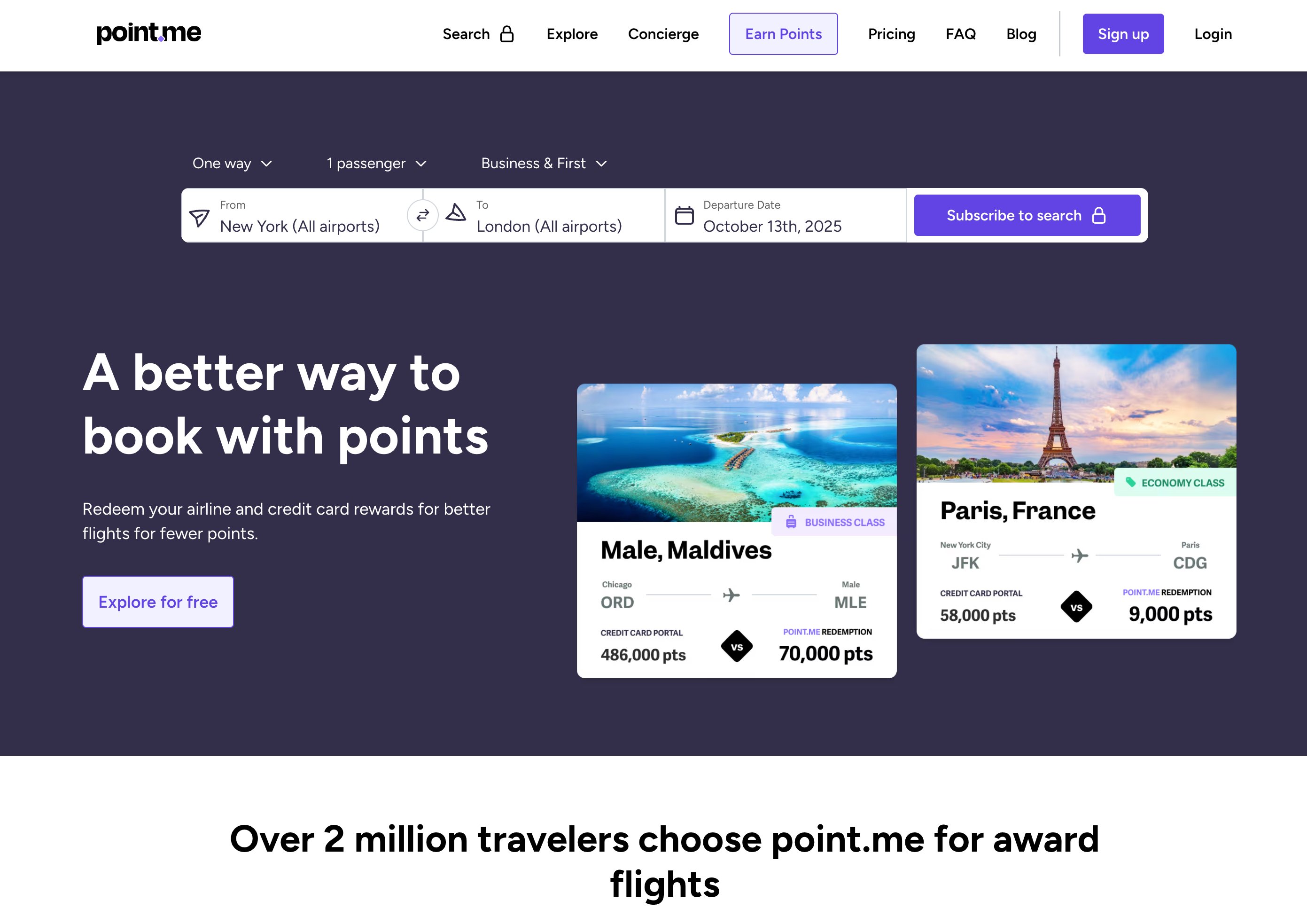 The Point.me homepage interface in 2025.