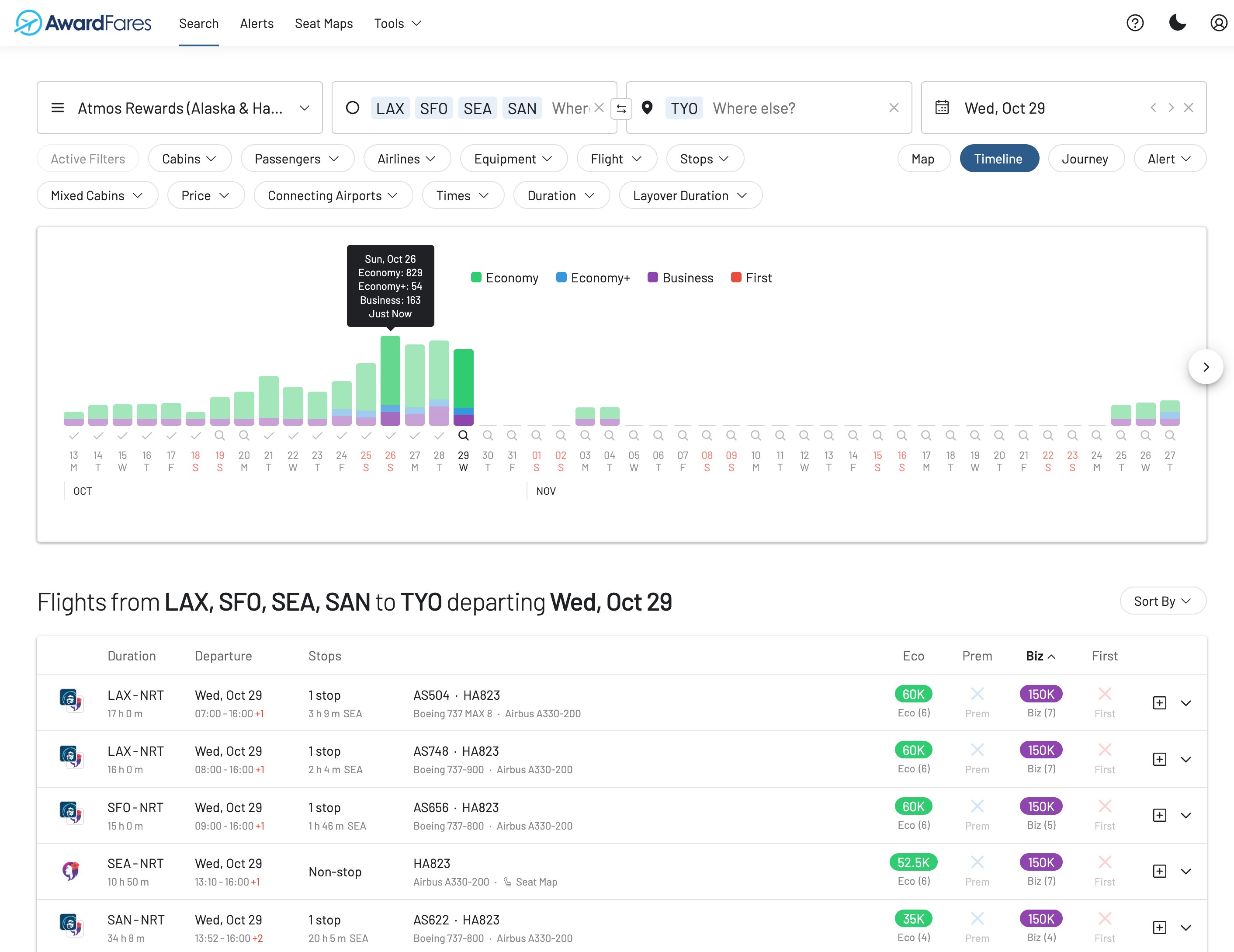 Finding a flexible trip to Tokyo is easy with the AwardFares Timeline view.
