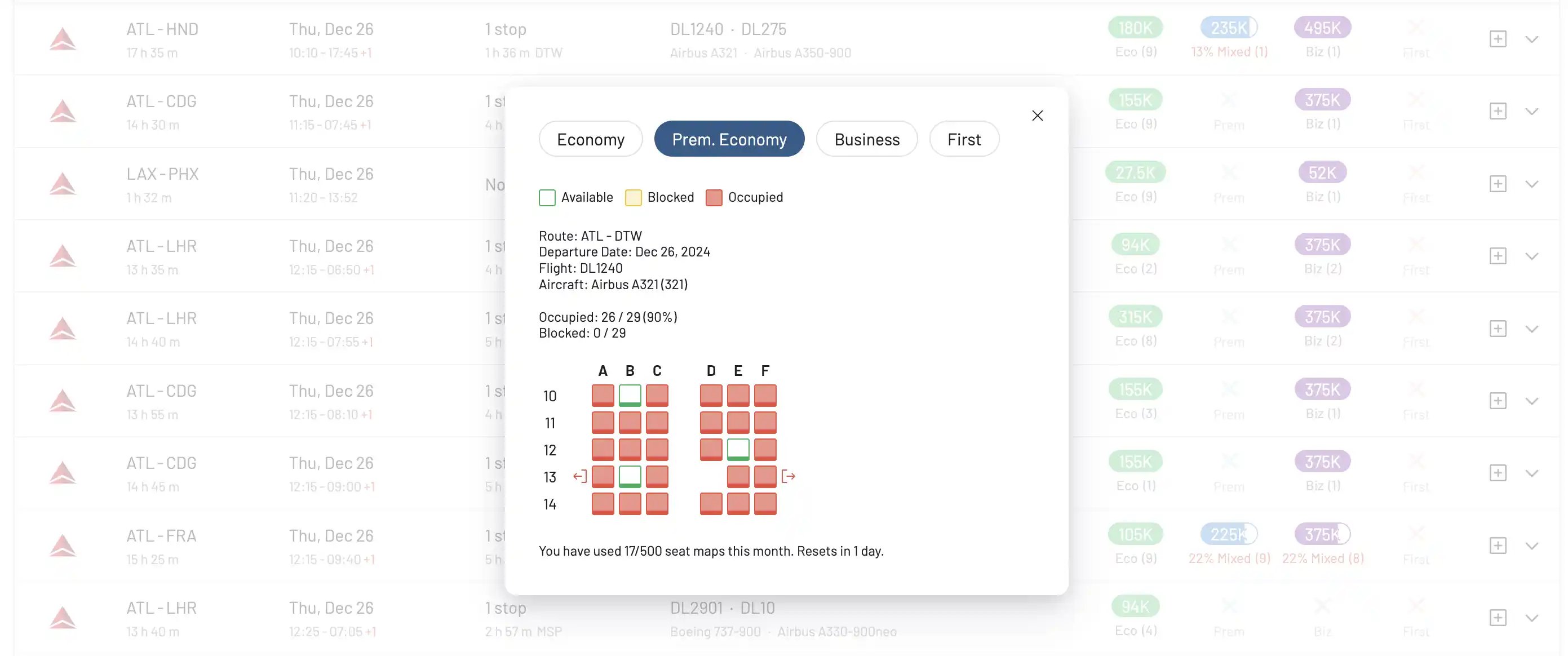 AwardFares integrated Seat Map.