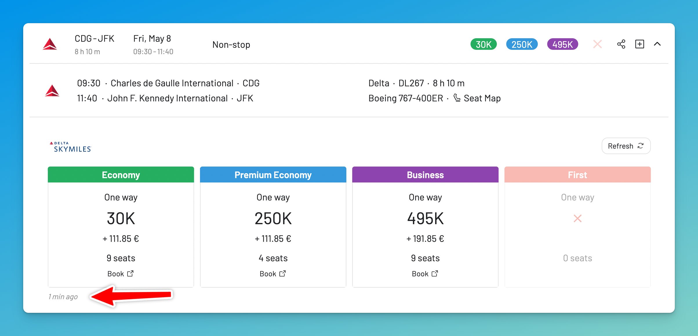 AwardFares shows real-time per-program data vs PointsYeah cached results