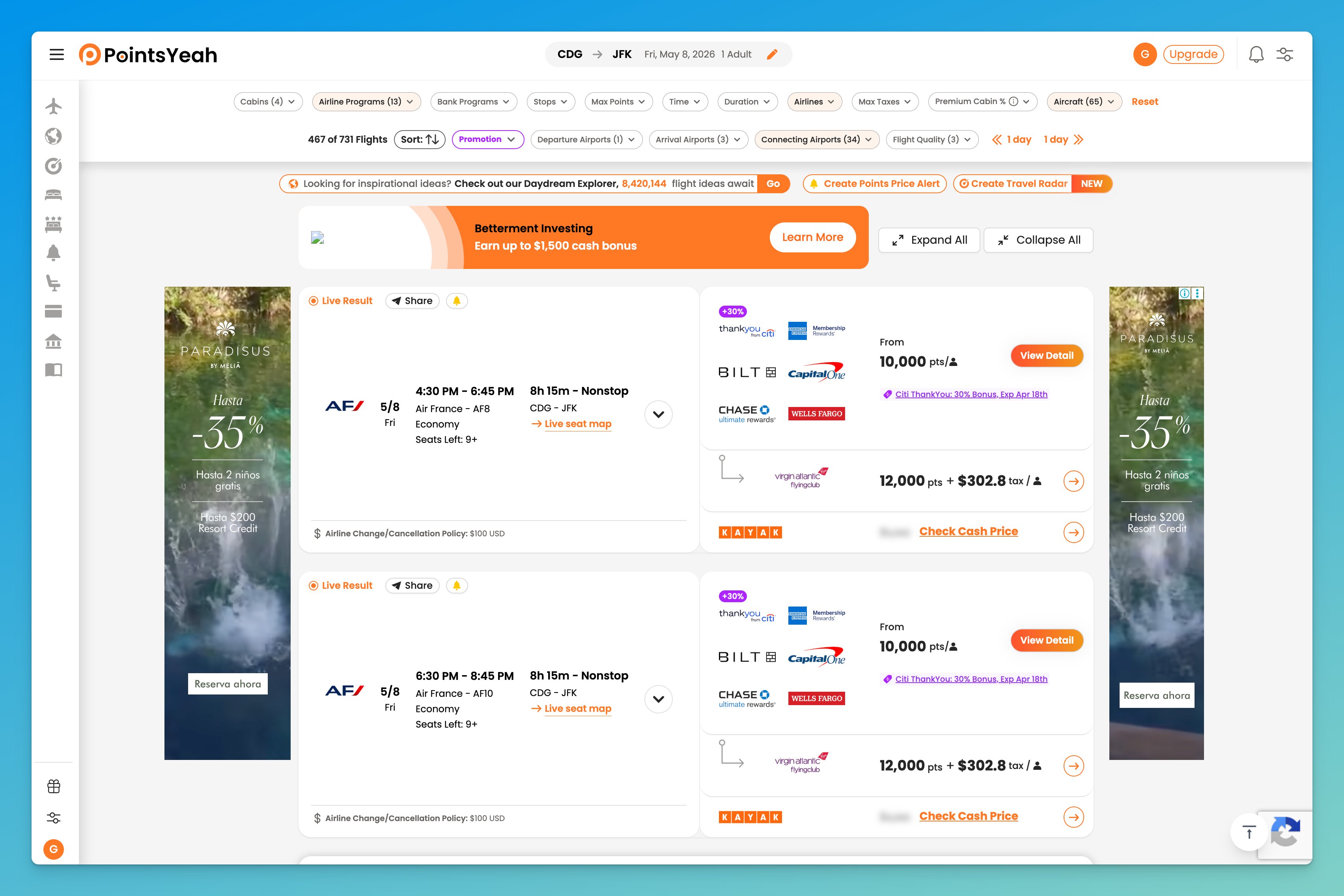 AwardFares shows real-time per-program data vs PointsYeah cached results