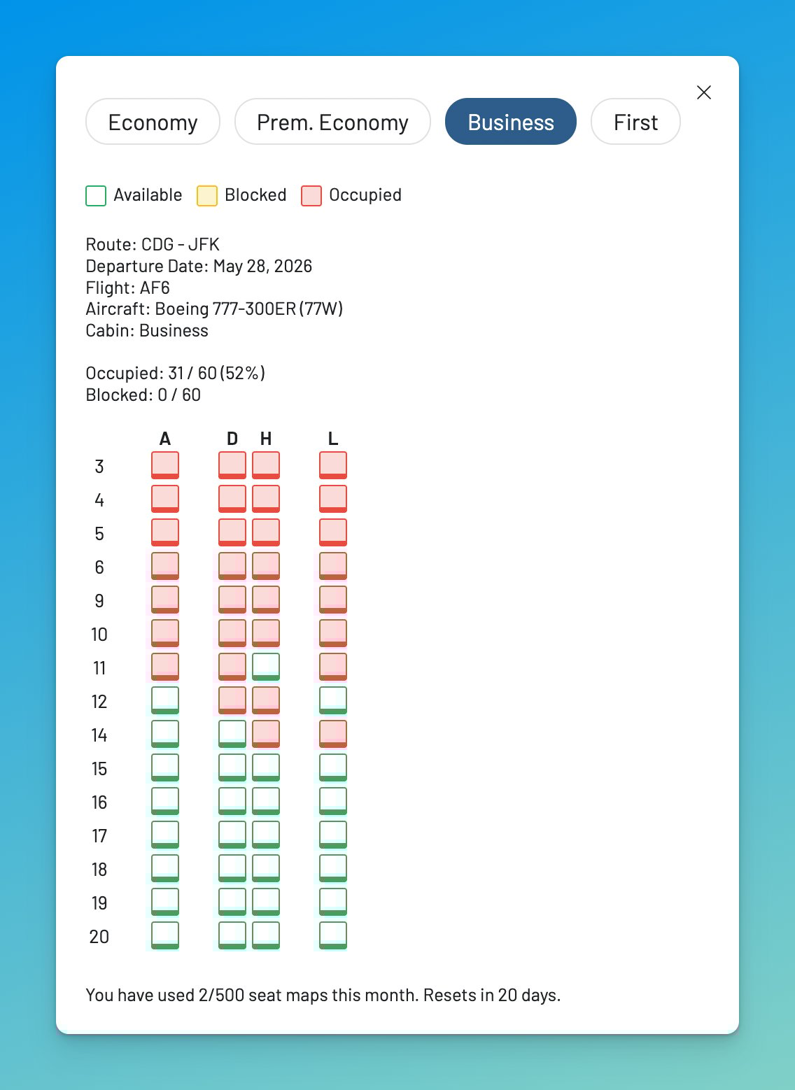 AwardFares Integrated Seat Map Feature.