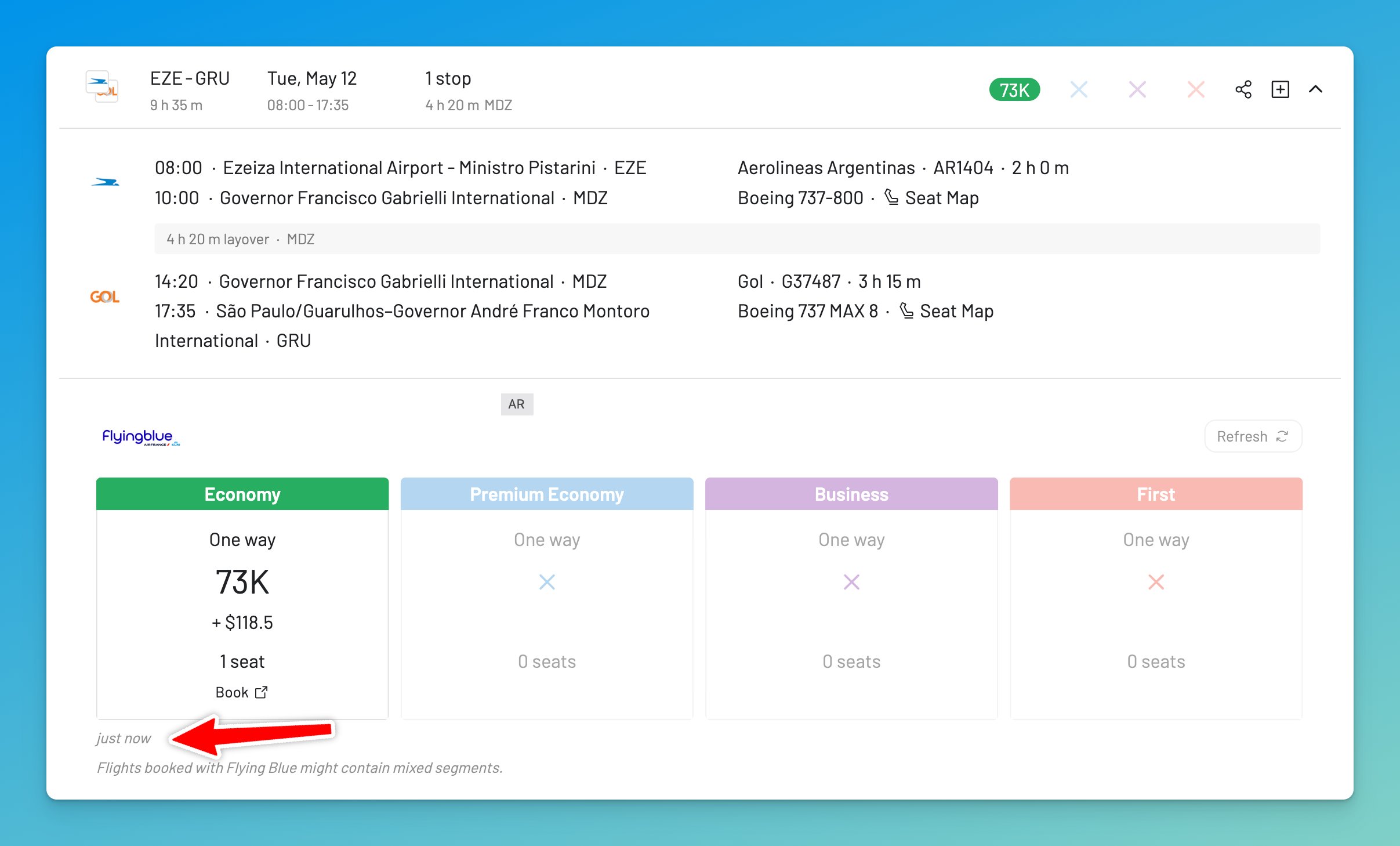 AwardFares shows real-time data vs Seats.aero cached results
