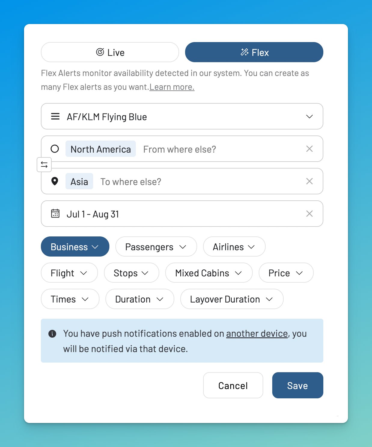 AwardFares Flex Alert discovers award flights you didn