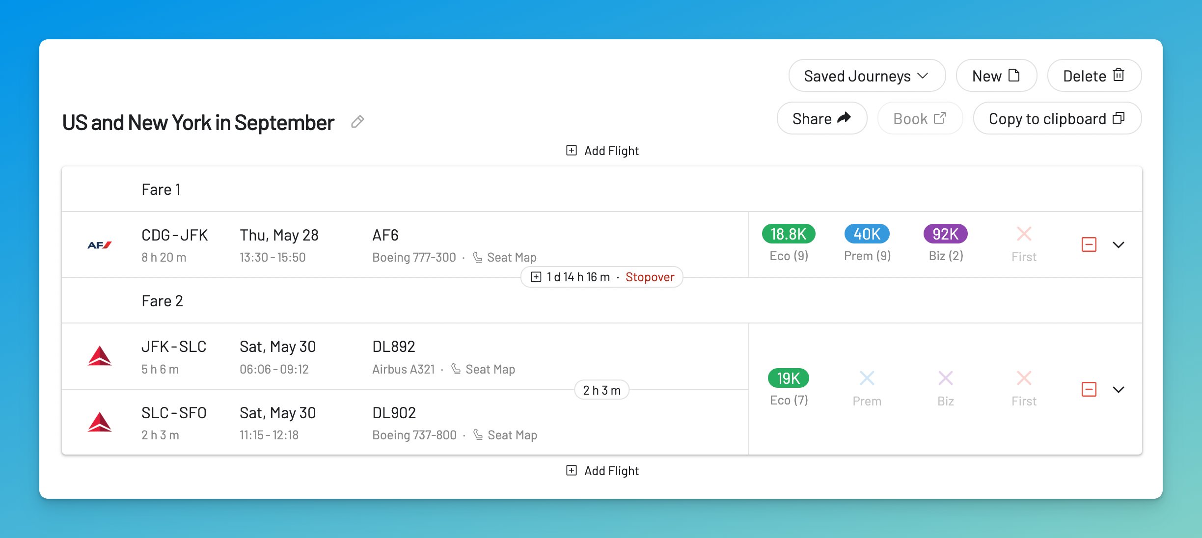 AwardFares Journey Planner for multi-segment award trips
