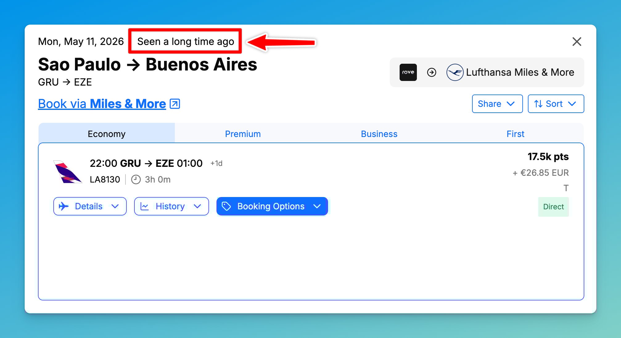 AwardFares shows real-time data vs Seats.aero cached results
