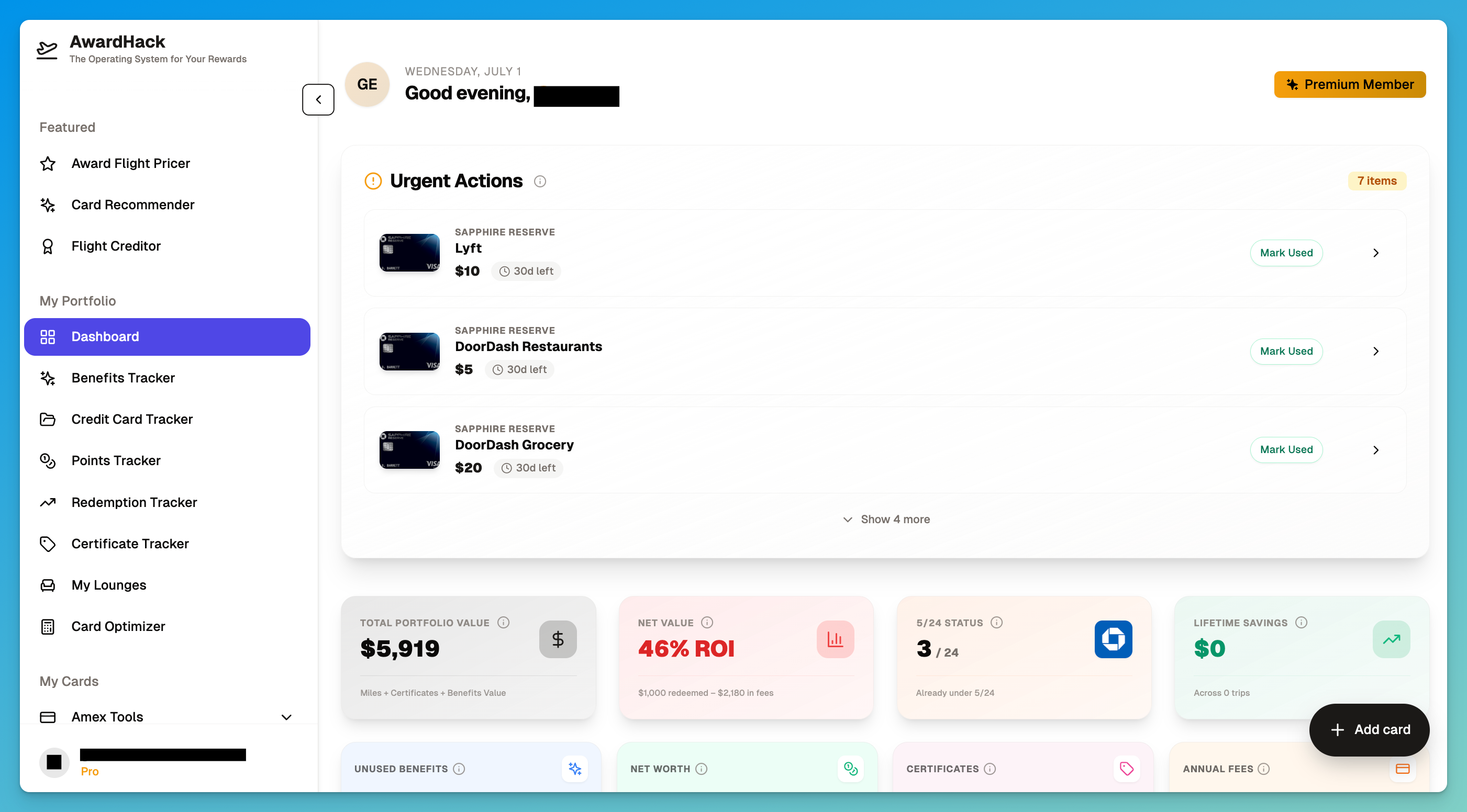 The AwardHack dashboard showing Urgent Actions with expiring card credits, total portfolio value, 5/24 status, and lifetime savings.