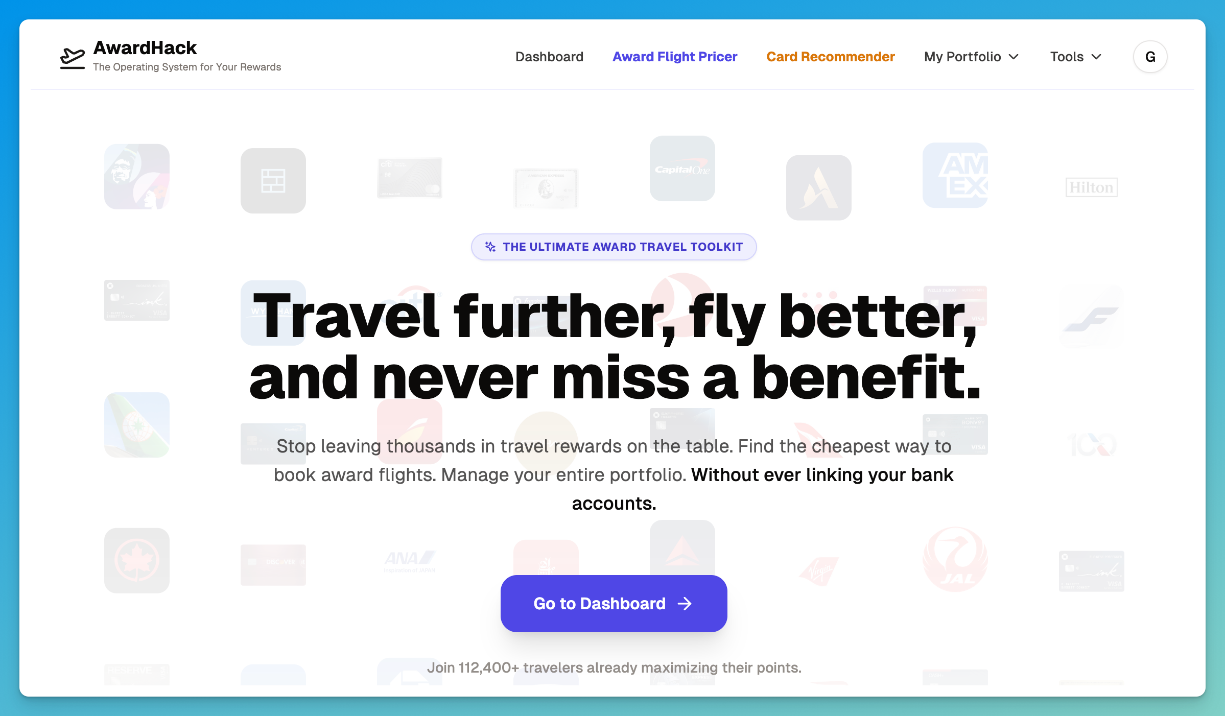 The AwardHack homepage with the tagline Travel further, fly better, and never miss a benefit.