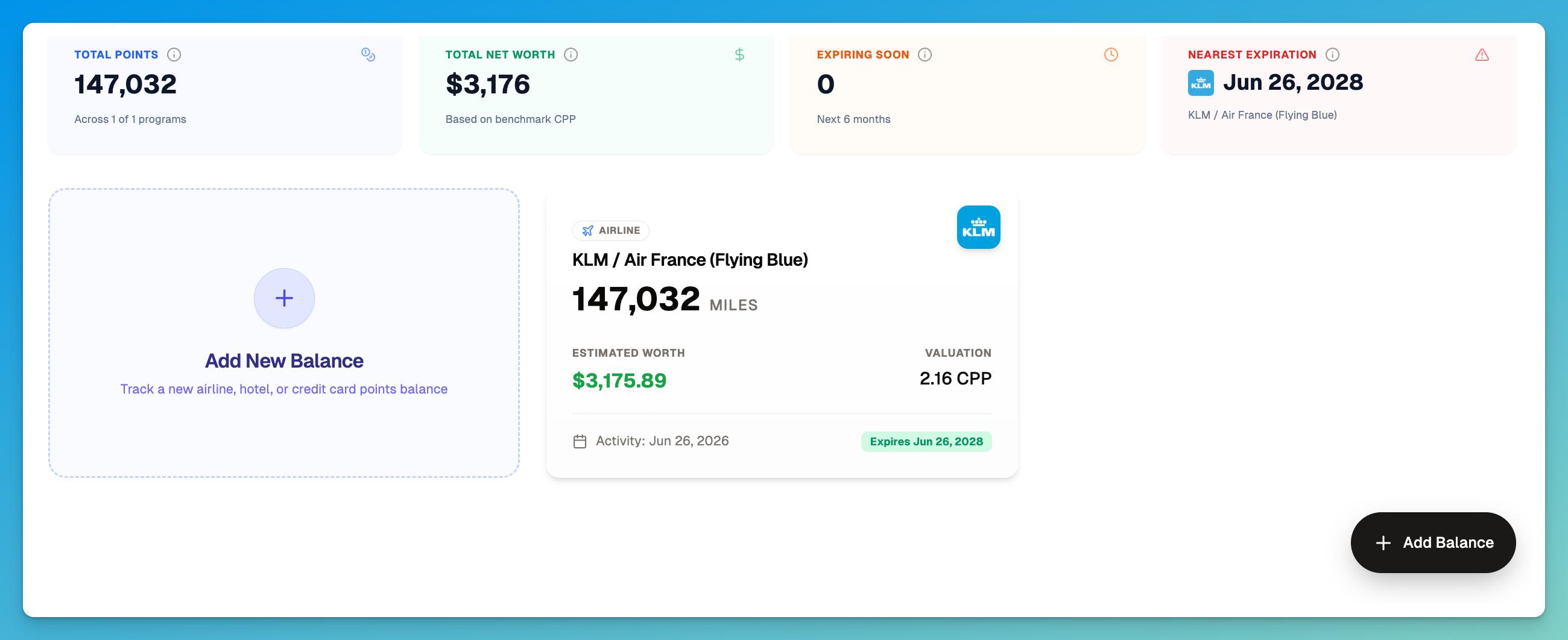 The AwardHack Points Tracker valuing 147,032 Flying Blue miles at $3,175.89 based on a 2.16 cents-per-point benchmark, with total net worth and expiration dates.