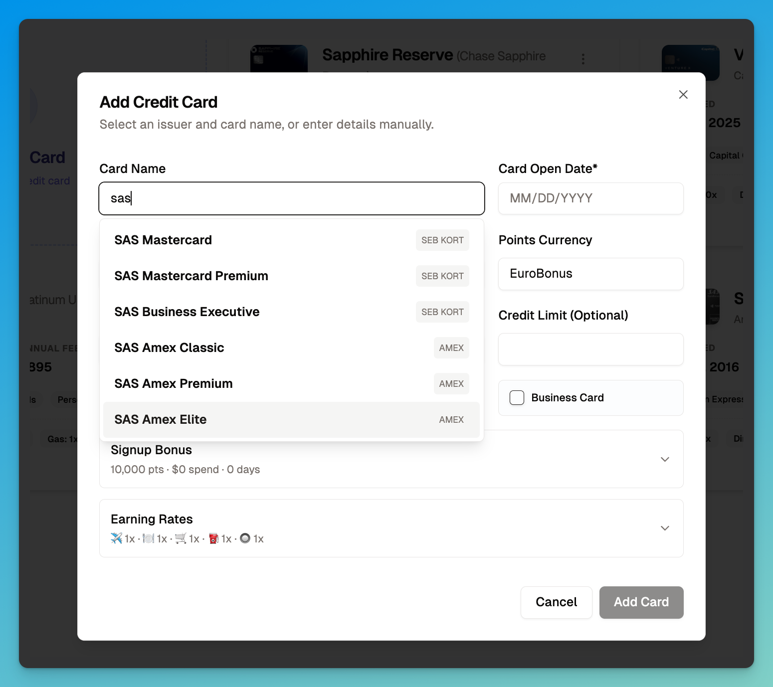 SAS EuroBonus Credit Cards in AwardHacker: Track benefits, deadlines and savings.