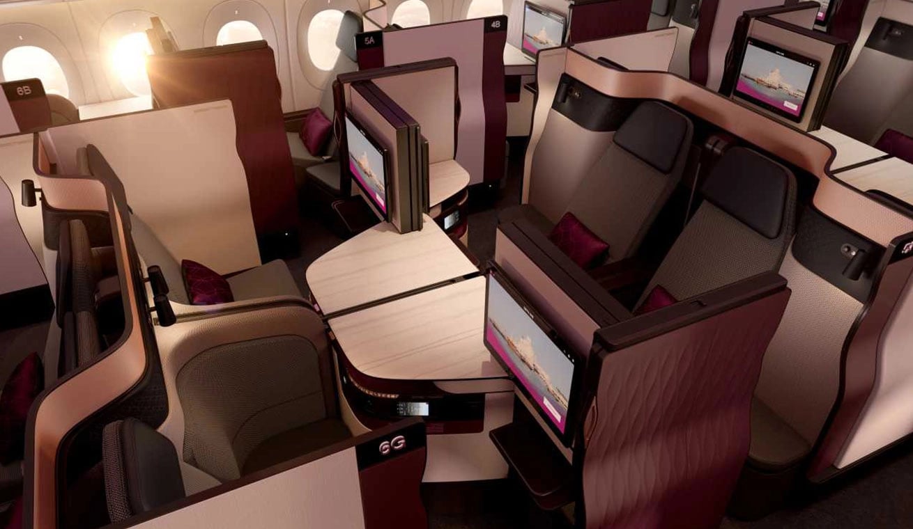 The iconic Qatar Airways Qsuite, configured as a double bed.