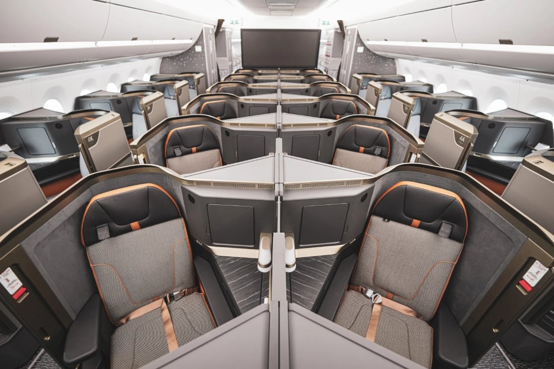The stylish and modern Starlux Airlines A350 Business Class cabin.