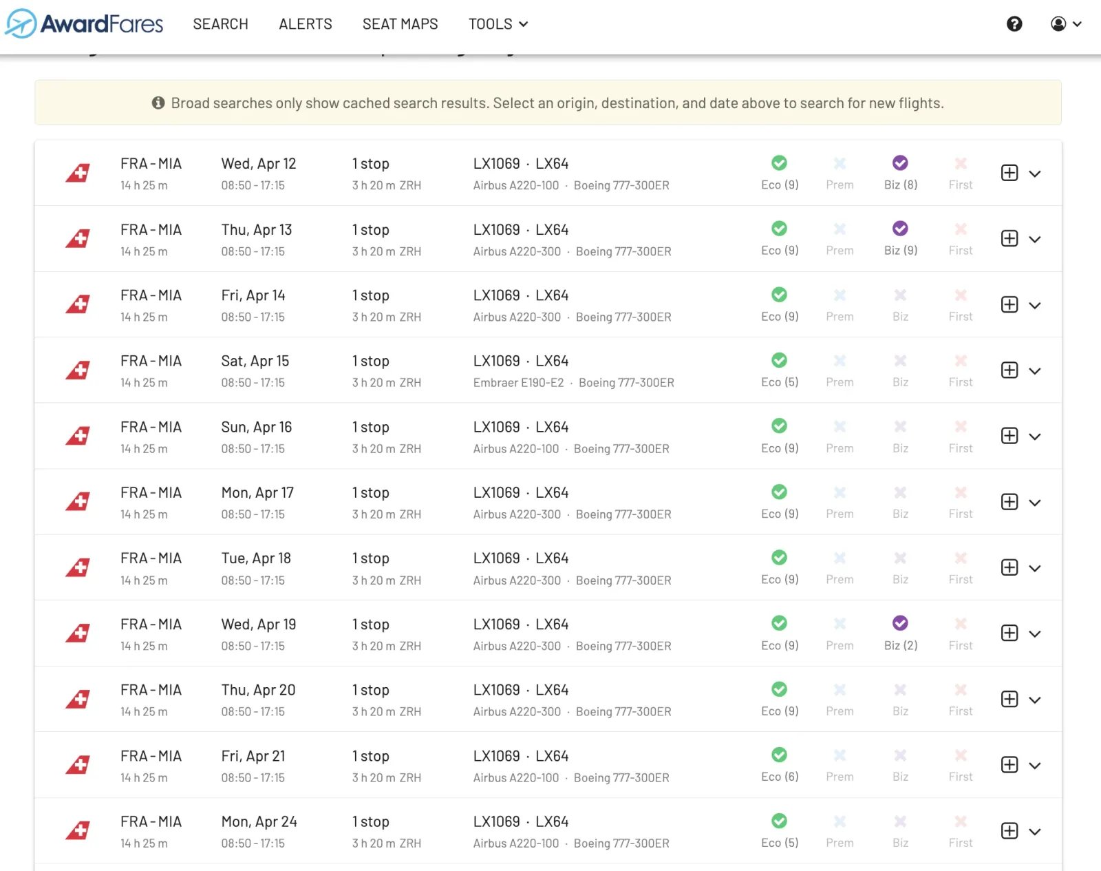 Frankfurt to Miami on Swiss Airlines