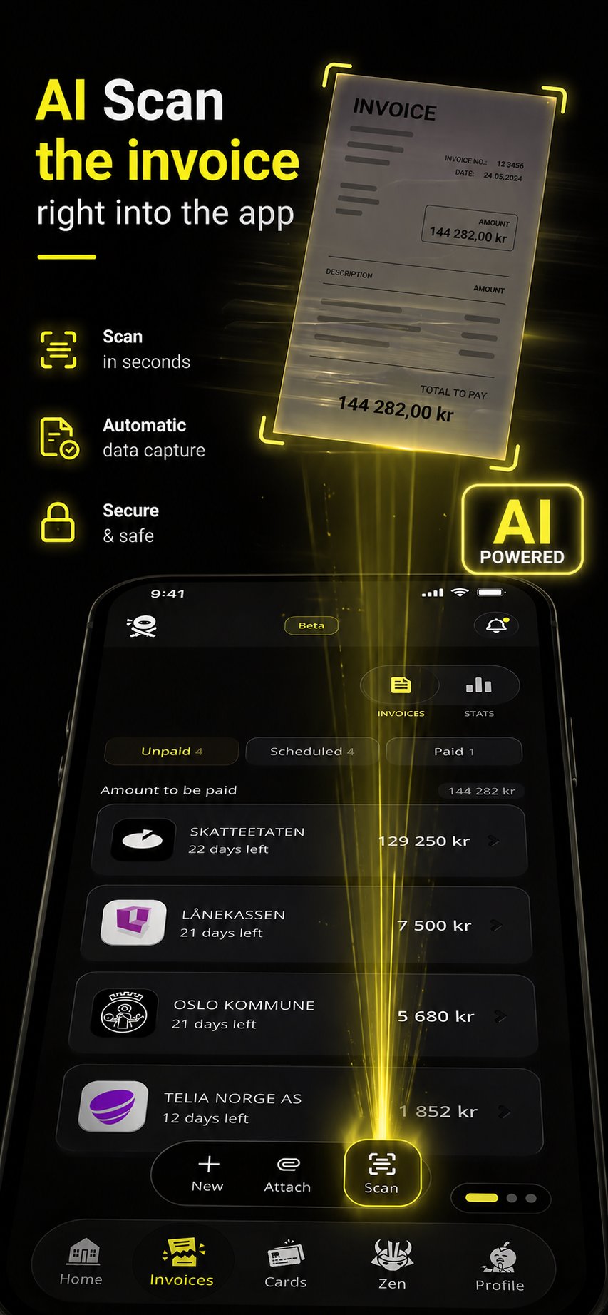 Bill Kill new app: AI invoice scanning interface with the camera capturing an invoice and the app reading the amount automatically.