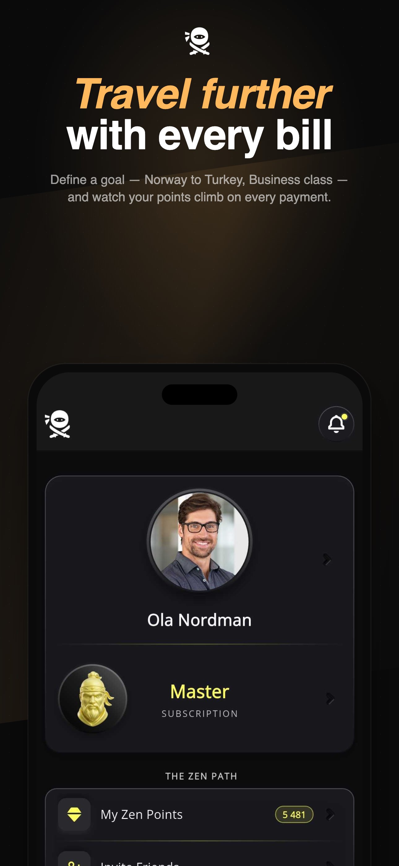 Bill Kill new app: travel goal screen showing progress toward a points target for a chosen route and cabin.