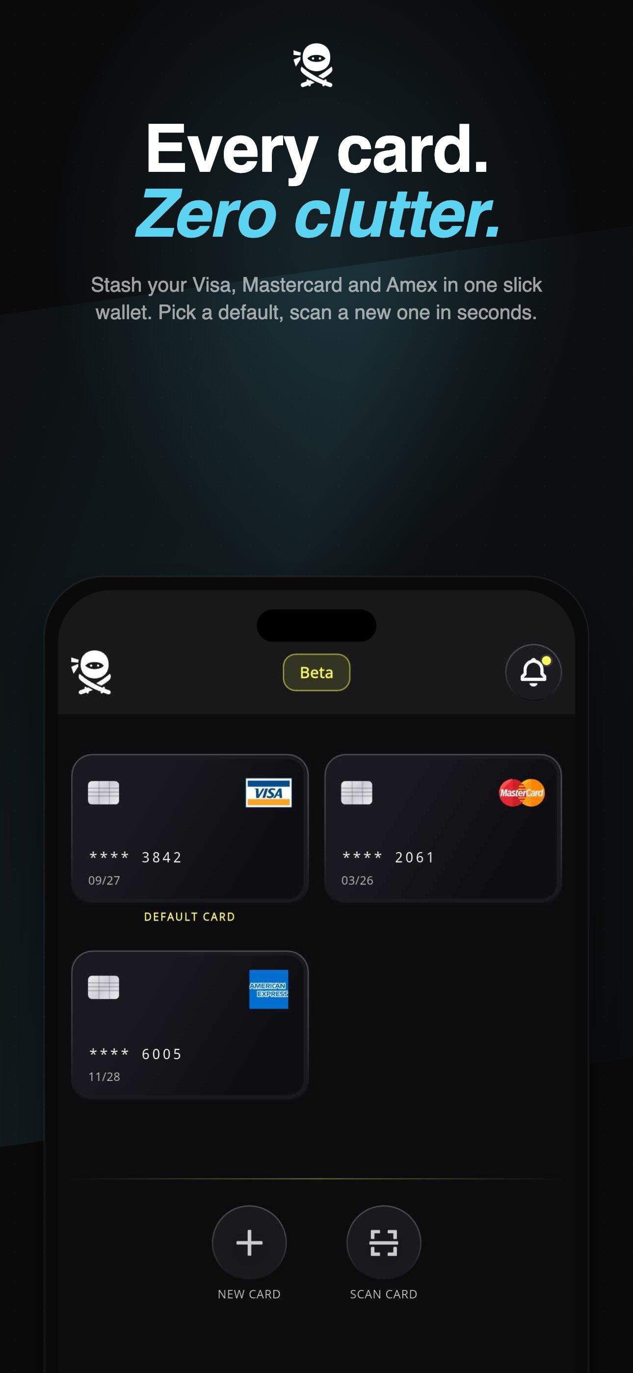 Bill Kill card vault: Visa, Mastercard, and American Express cards stored side-by-side with a default card highlighted.