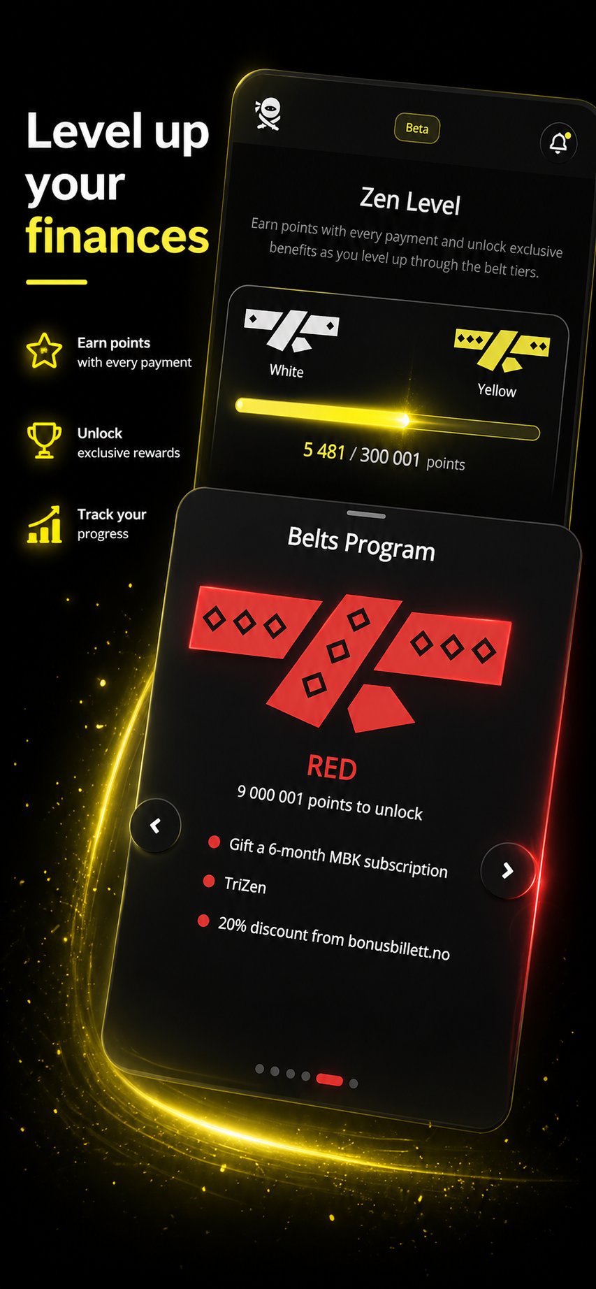 Bill Kill Zen Path: belt progression from White through Black with Zen points required for each level.