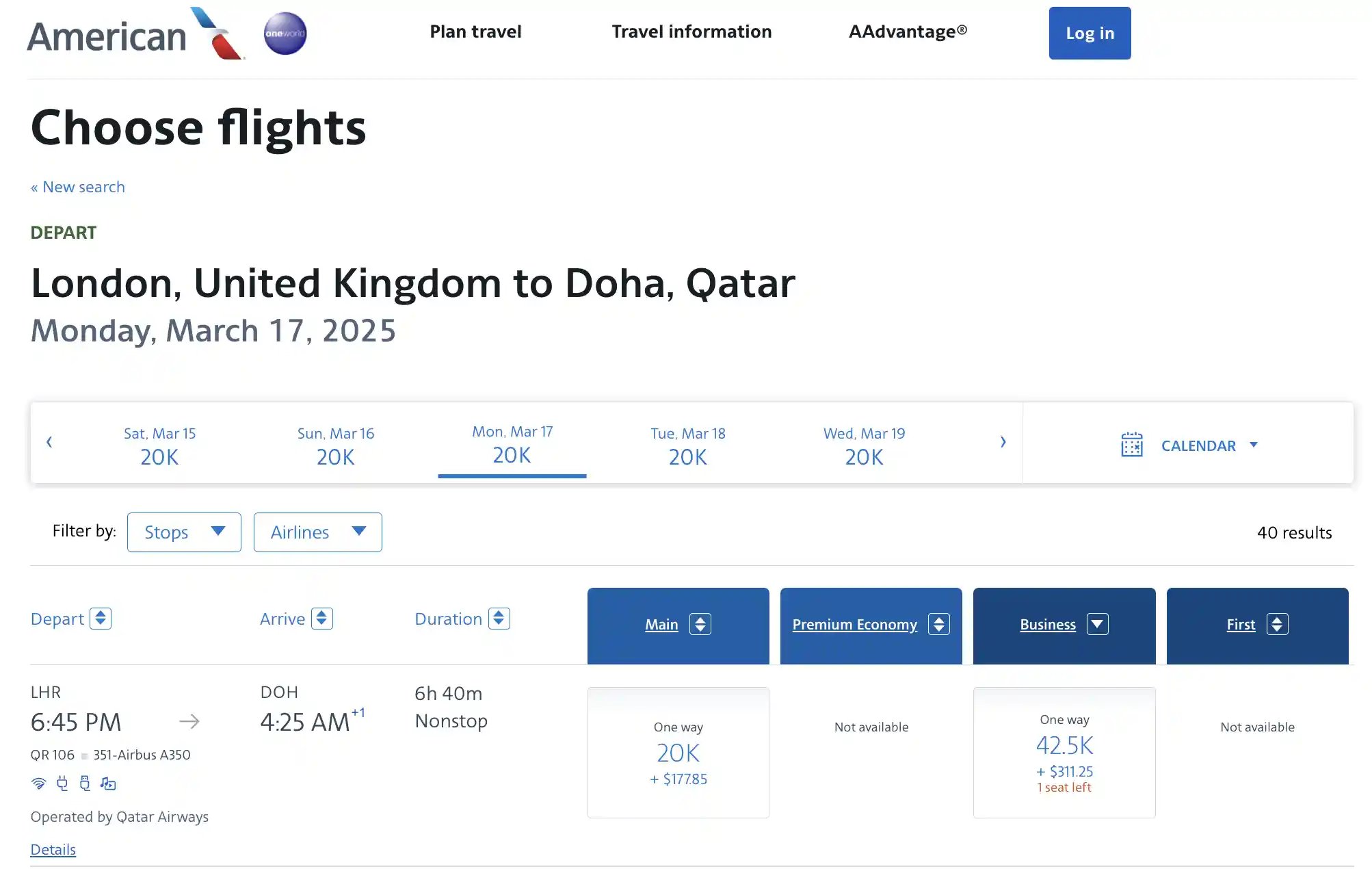 AwardFares te redirige al sitio de American Airlines para reservar vuelos de premio de AAdvantage.