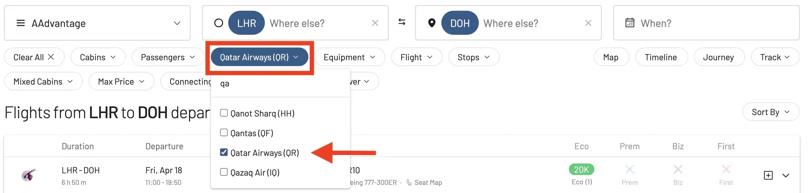 Seleccionar QR en el filtro de Aerolíneas.