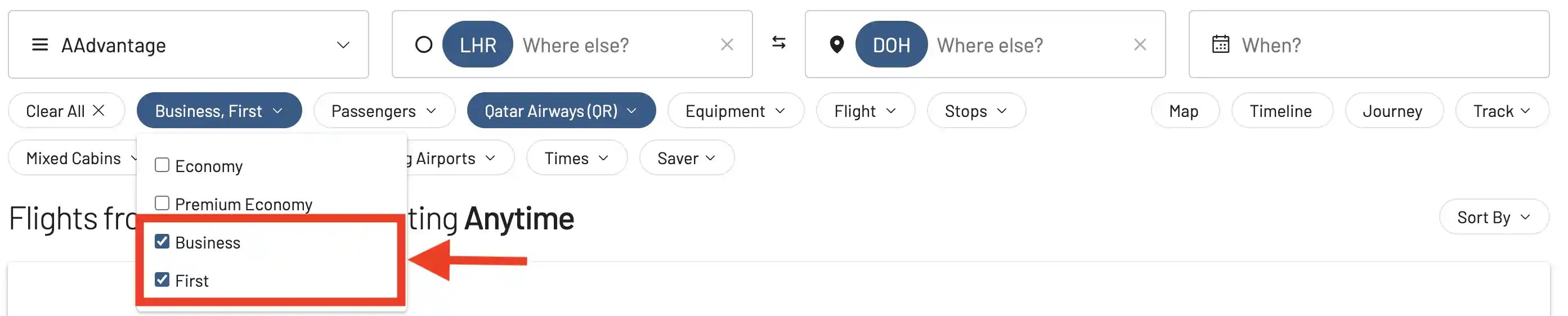 Filtrar por Primera y Clase Ejecutiva de Qatar Airways en AwardFares.