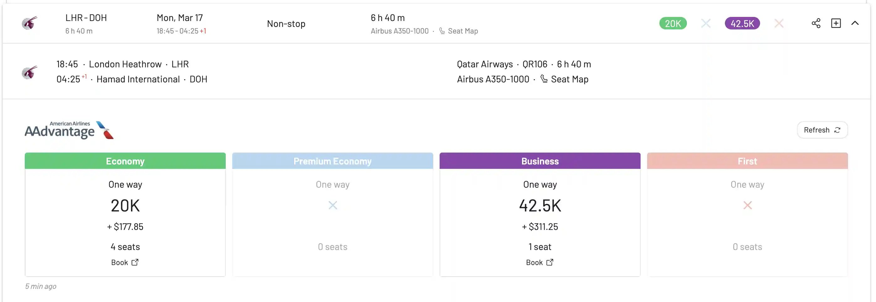 Detalles de un vuelo de premio en AwardFares.