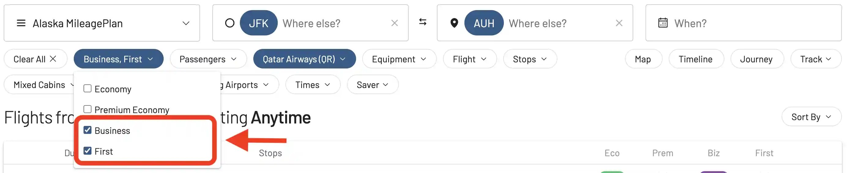 AwardFares cabin filter lets you show award flights on Qatar Airways