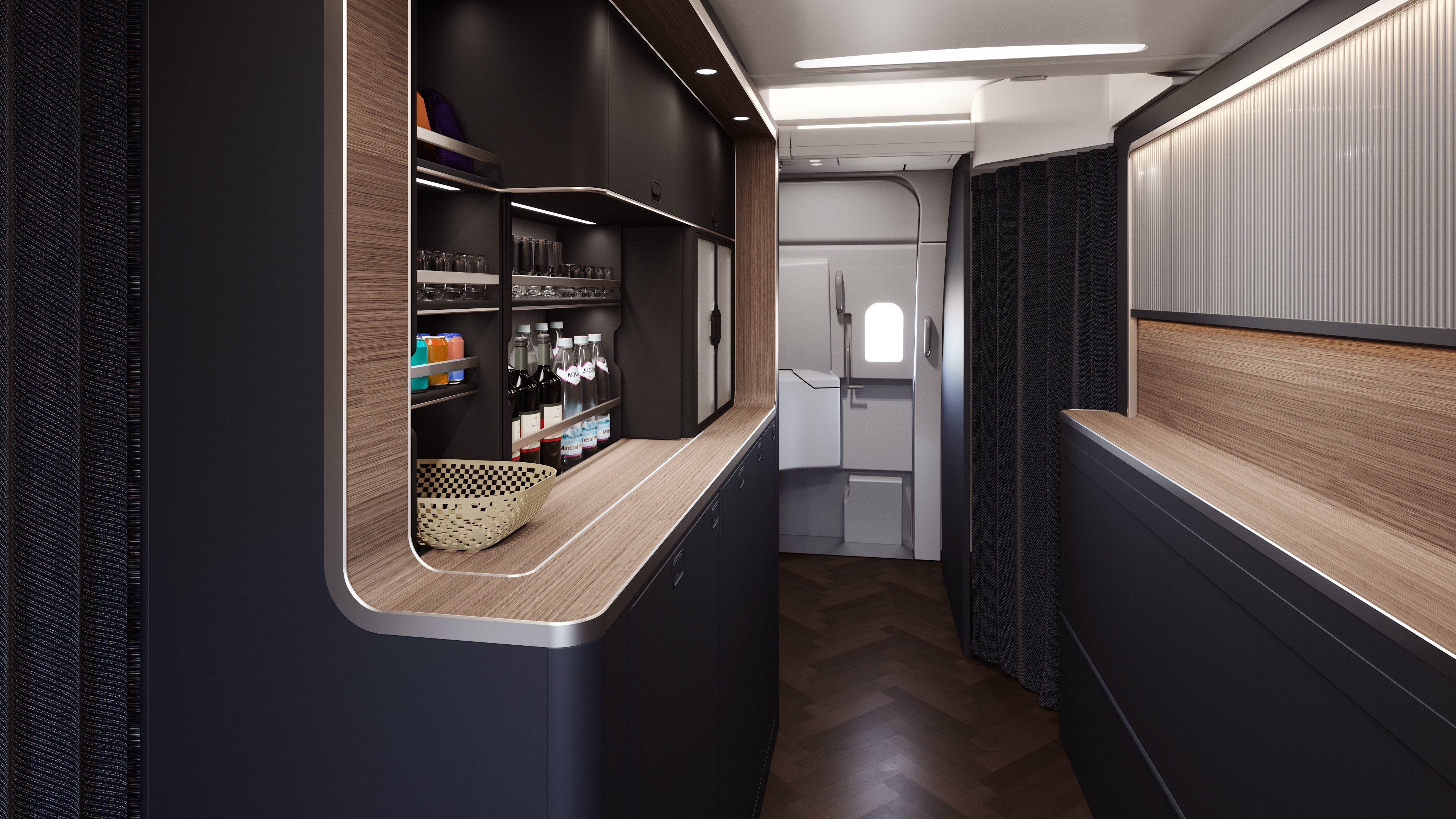 Rendering of the A380 Club Kitchen with a self-service snack counter and wood finishes.