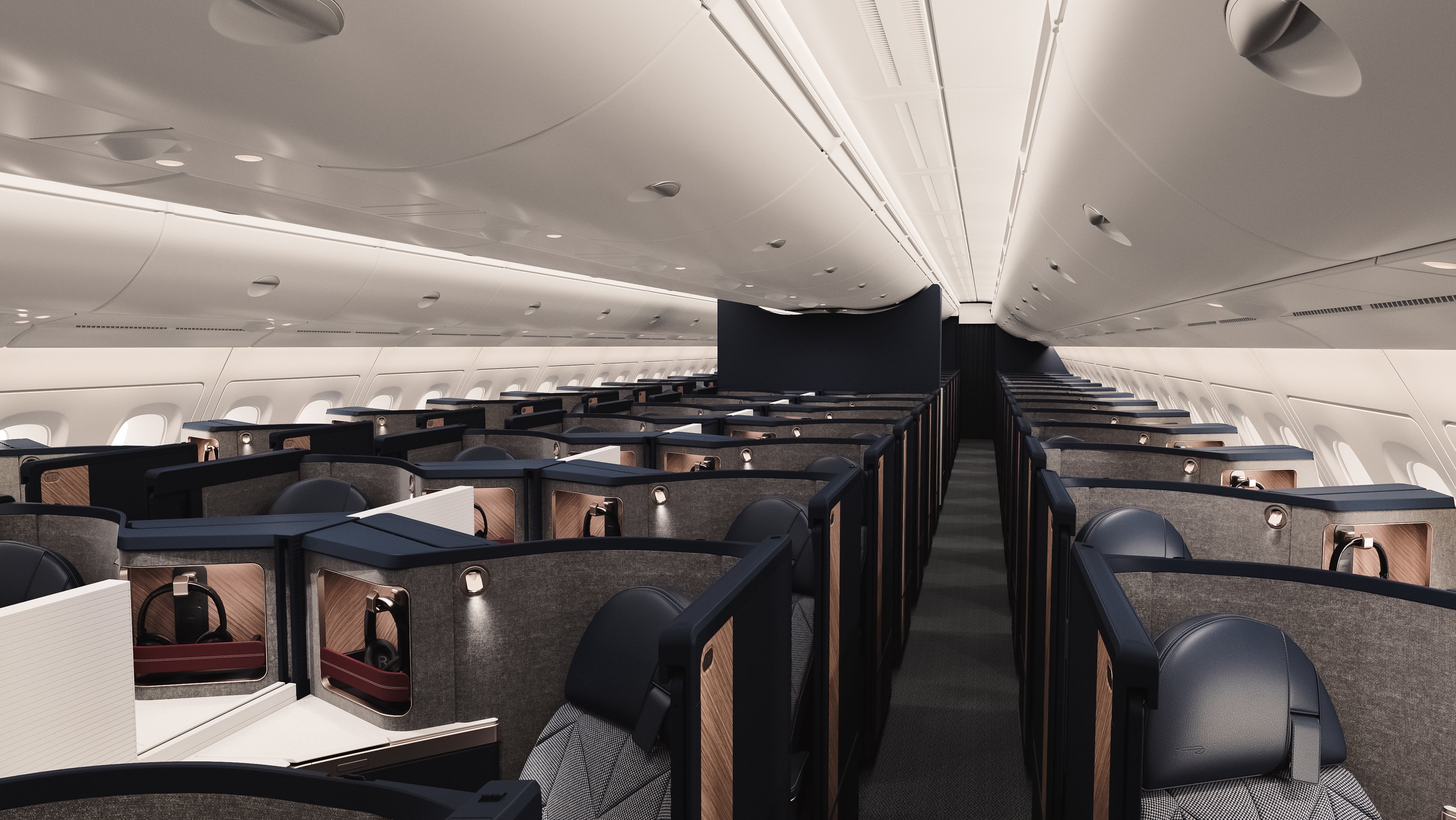 British Airways rendering of the refurbished A380 upper deck with Club Suites on both sides of the aisle.