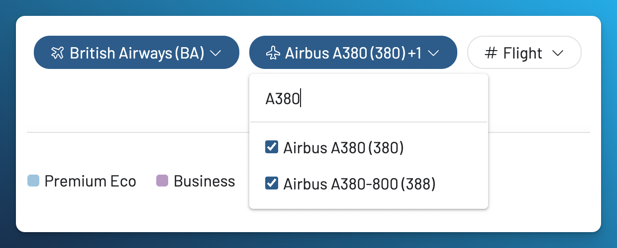 AwardFares filters with British Airways selected and both Airbus A380 (380) and Airbus A380-800 (388) checked.